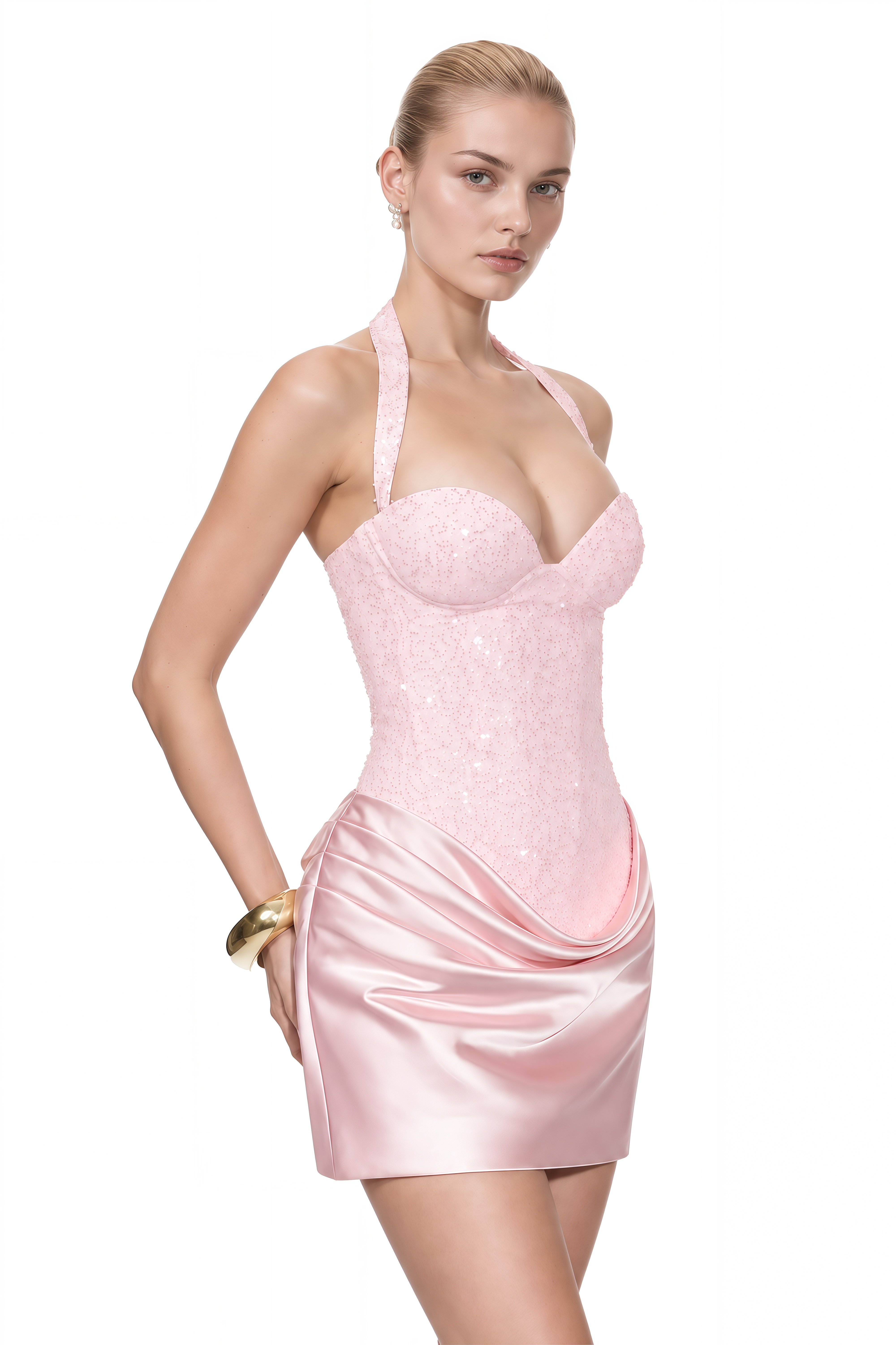 Cordelia Pink Sweetheart Neck Draped Mini Dress