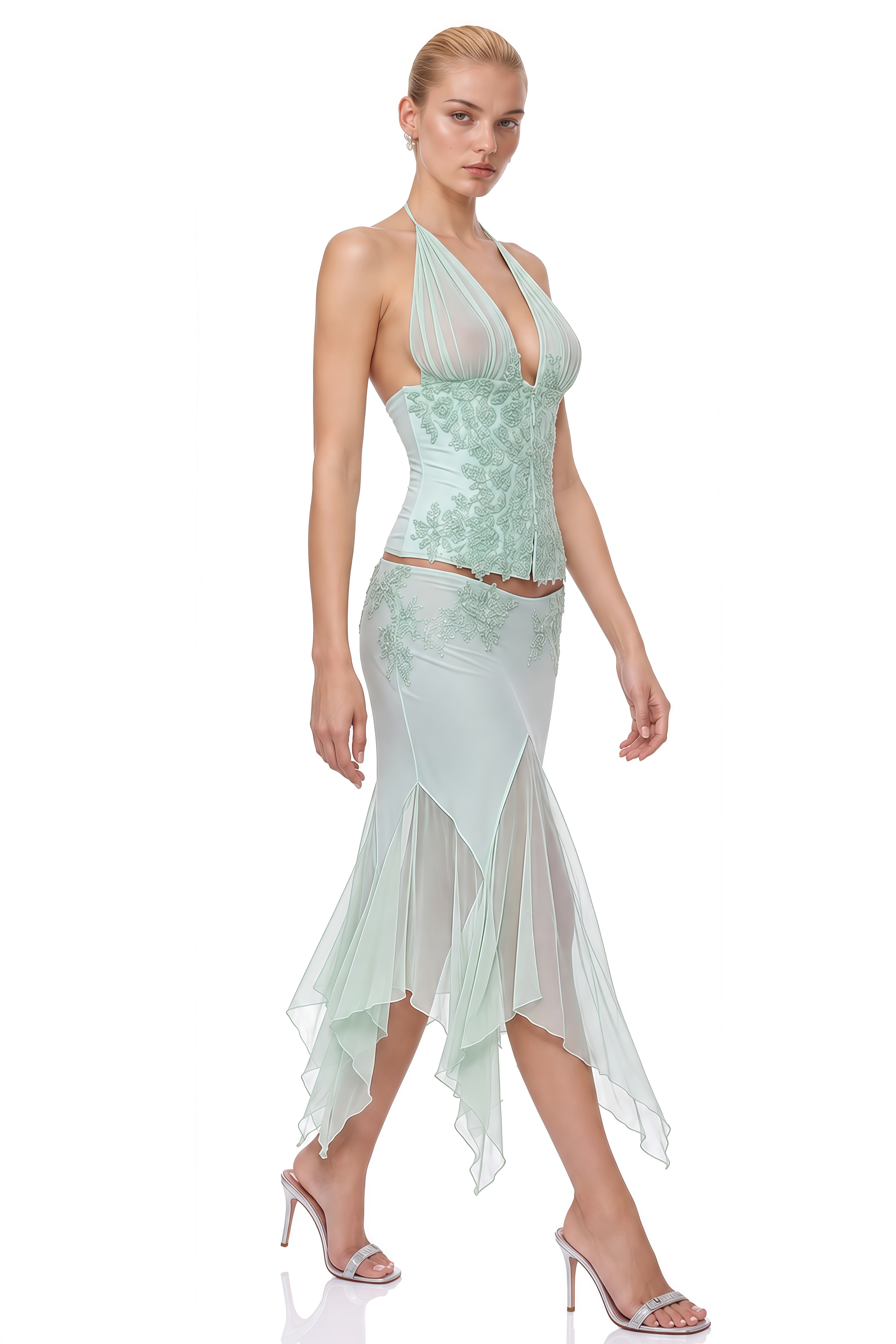 Serenity Green Halterneck Embellished Top & Skirt Set
