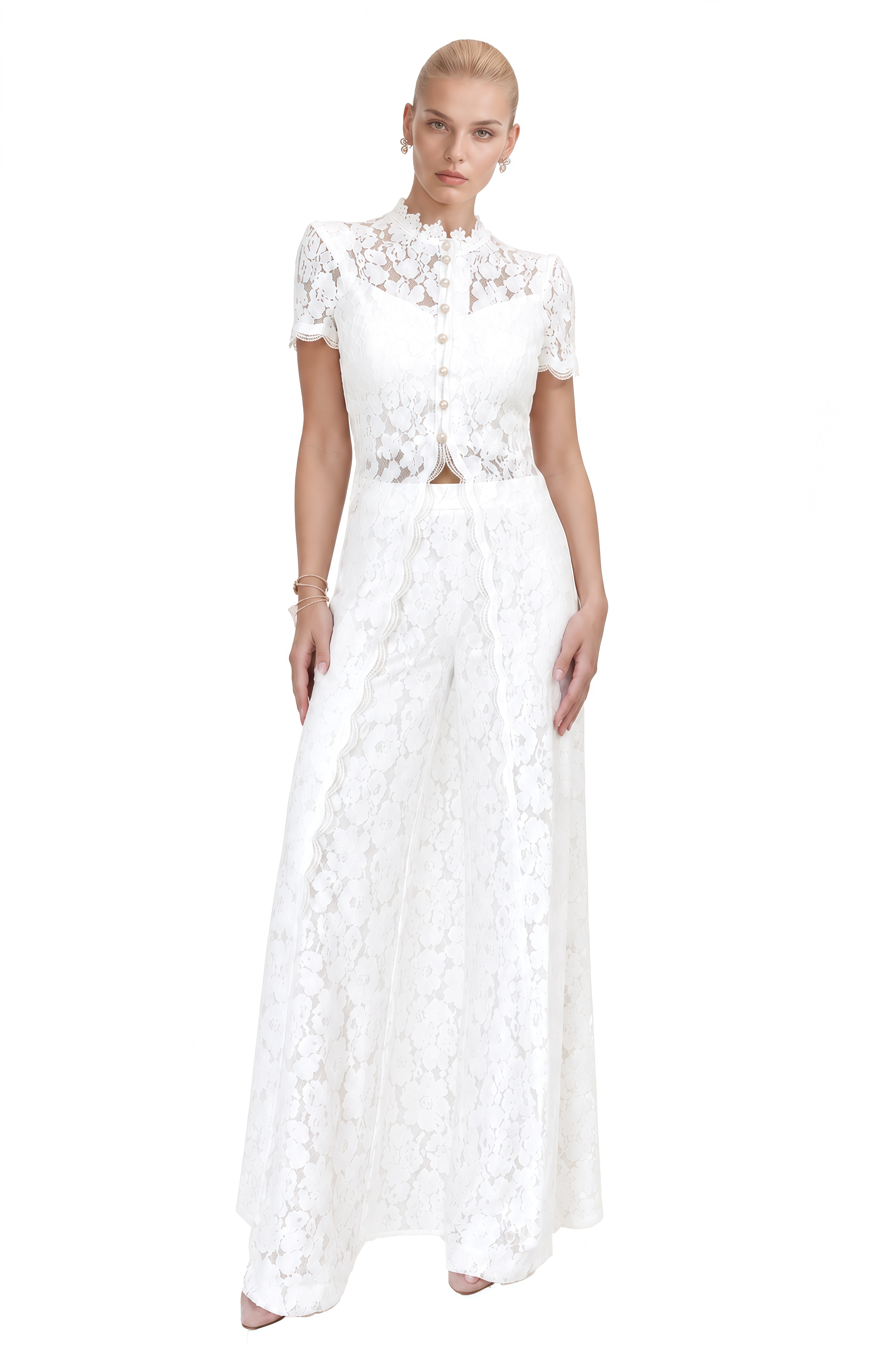 Clarisse White Short Sleeves Lace Blouse & Trousers Set