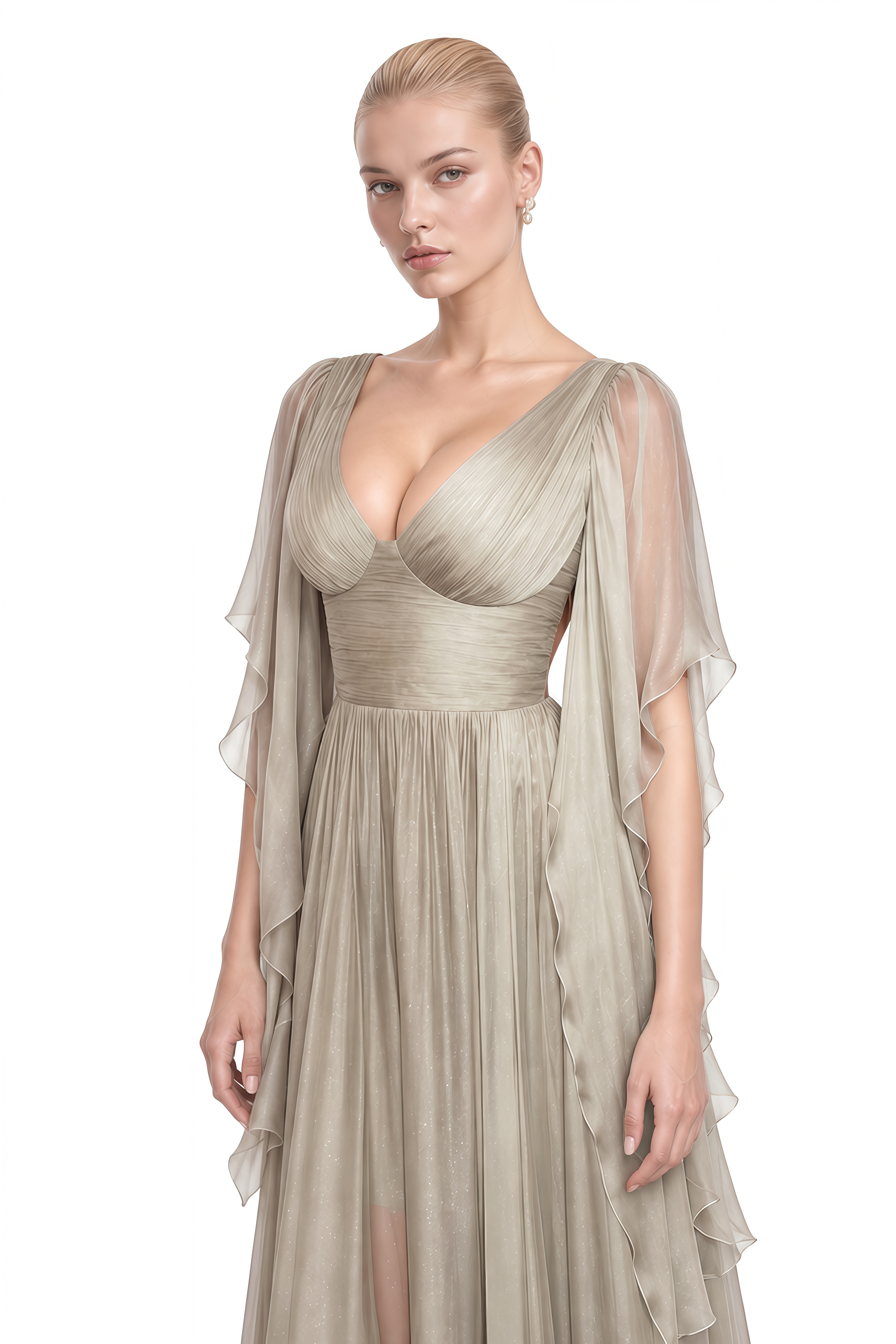 Wren Grey V-Neck Cape Sleeve Maxi Dress