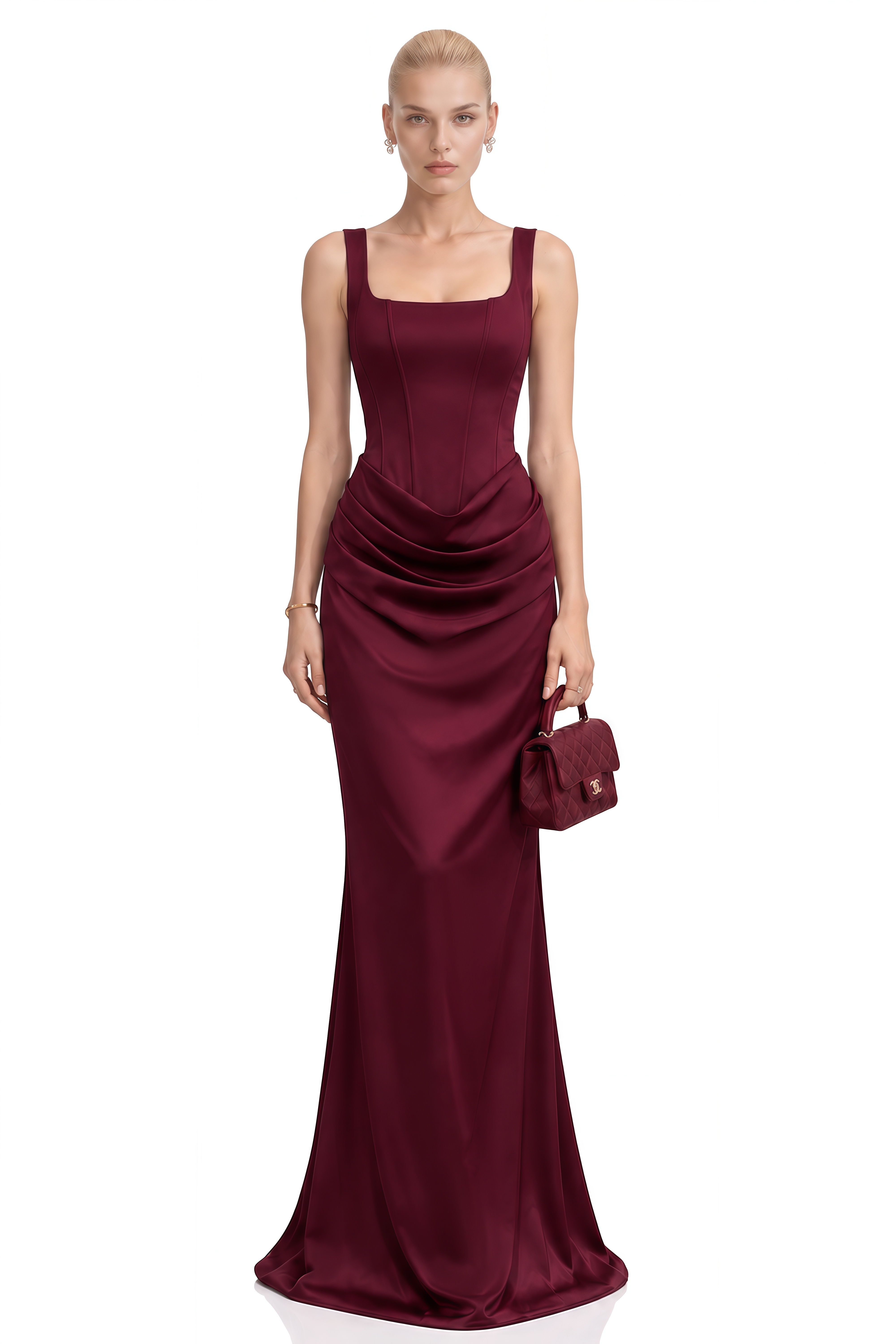 Odette Burgundy Cape Design Draped Maxi Dress
