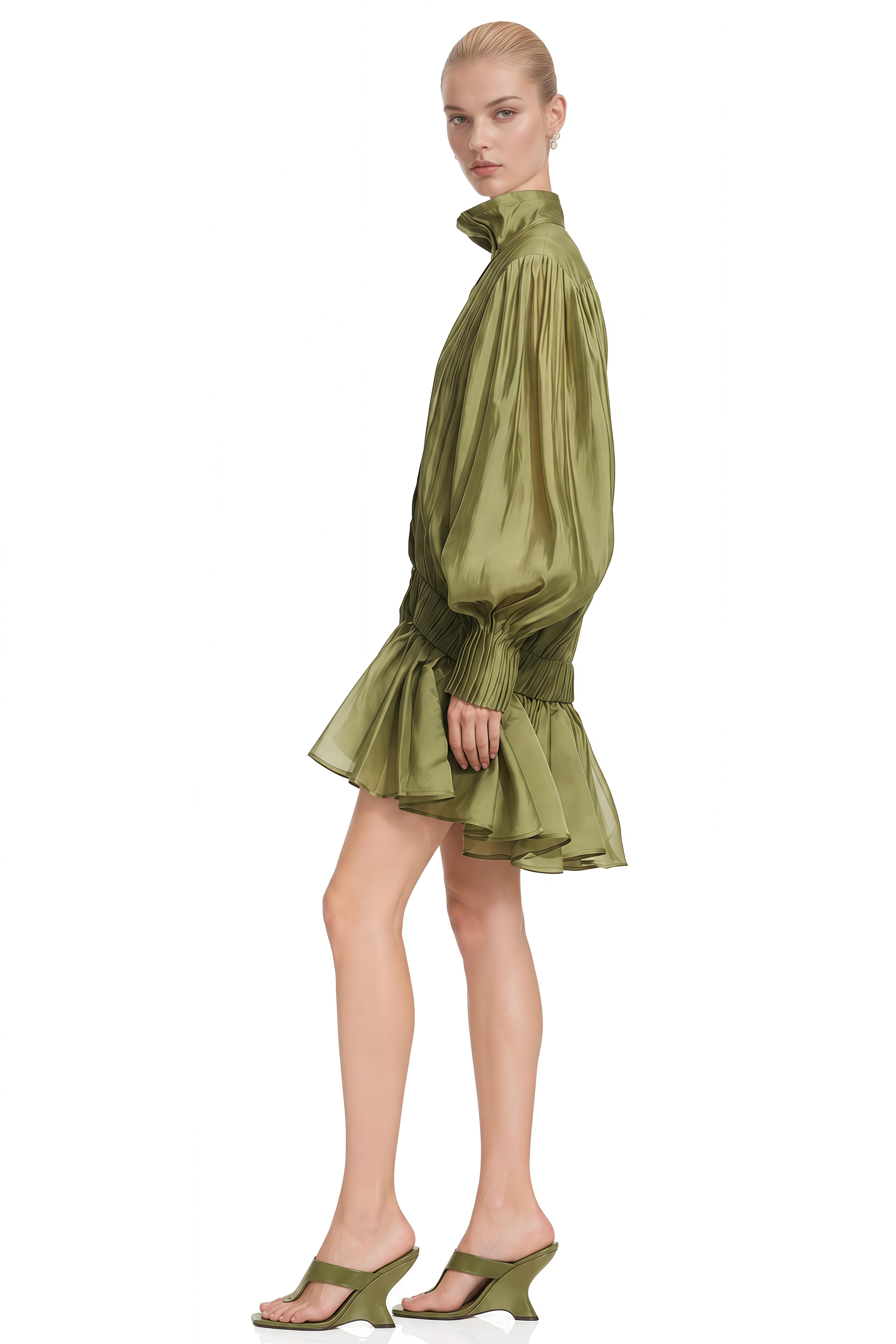 Cosima Olive Green Pleated High-Low Hem Mini Dress
