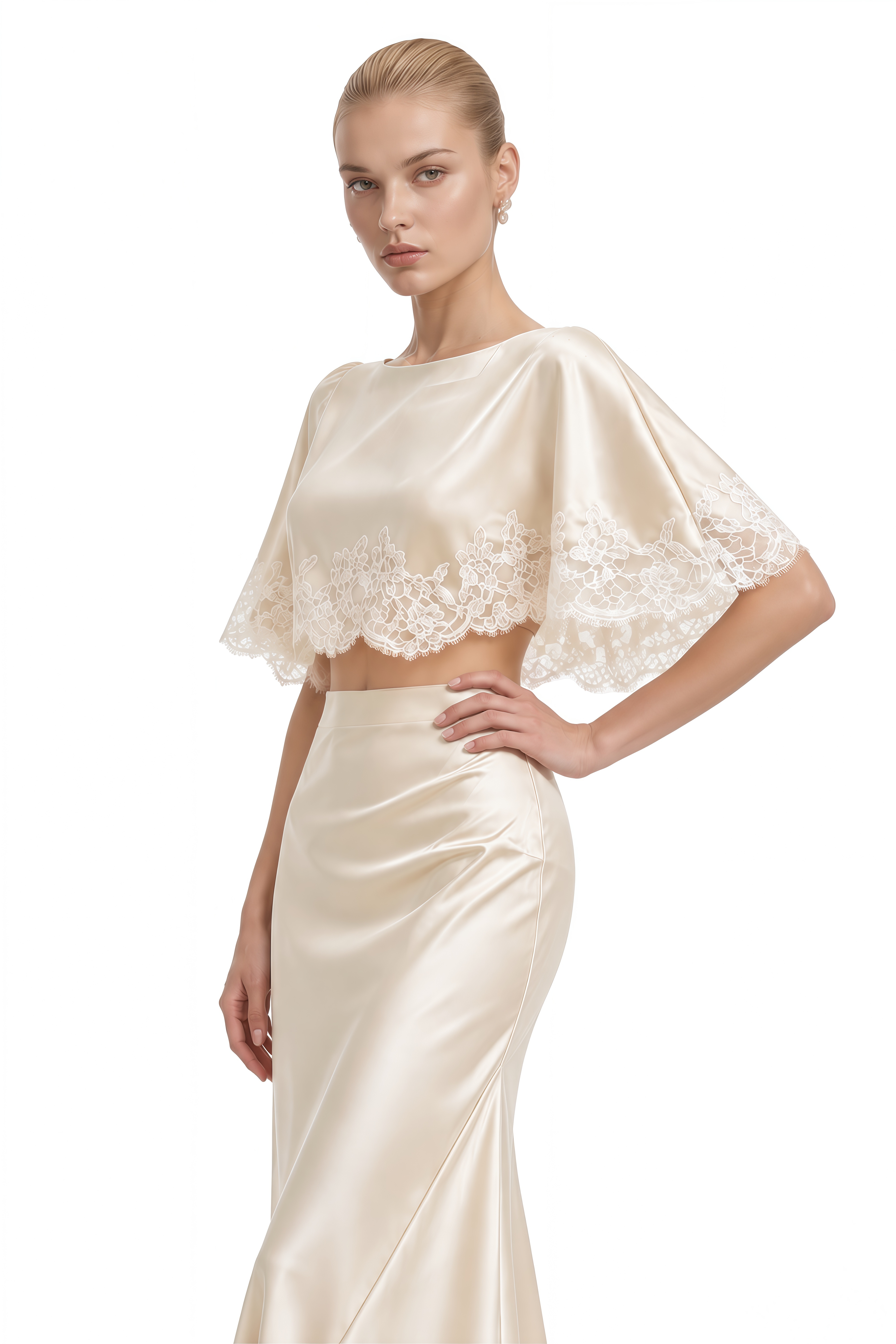 Mila Neutral Round Neck Lace-Trim Cape & Skirt Set