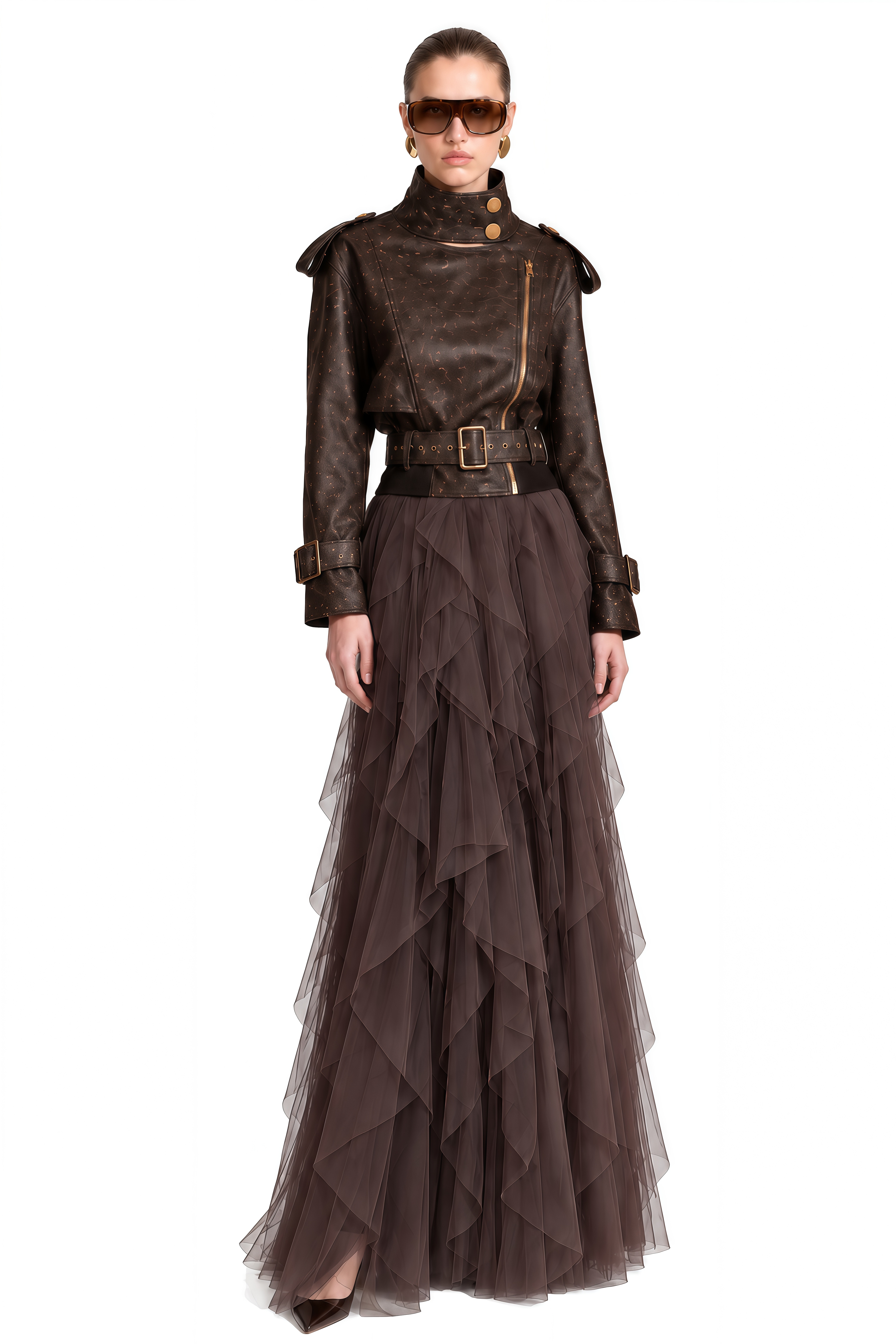 Theodora Brown Structured Ruffled Jacket & Skirt Set