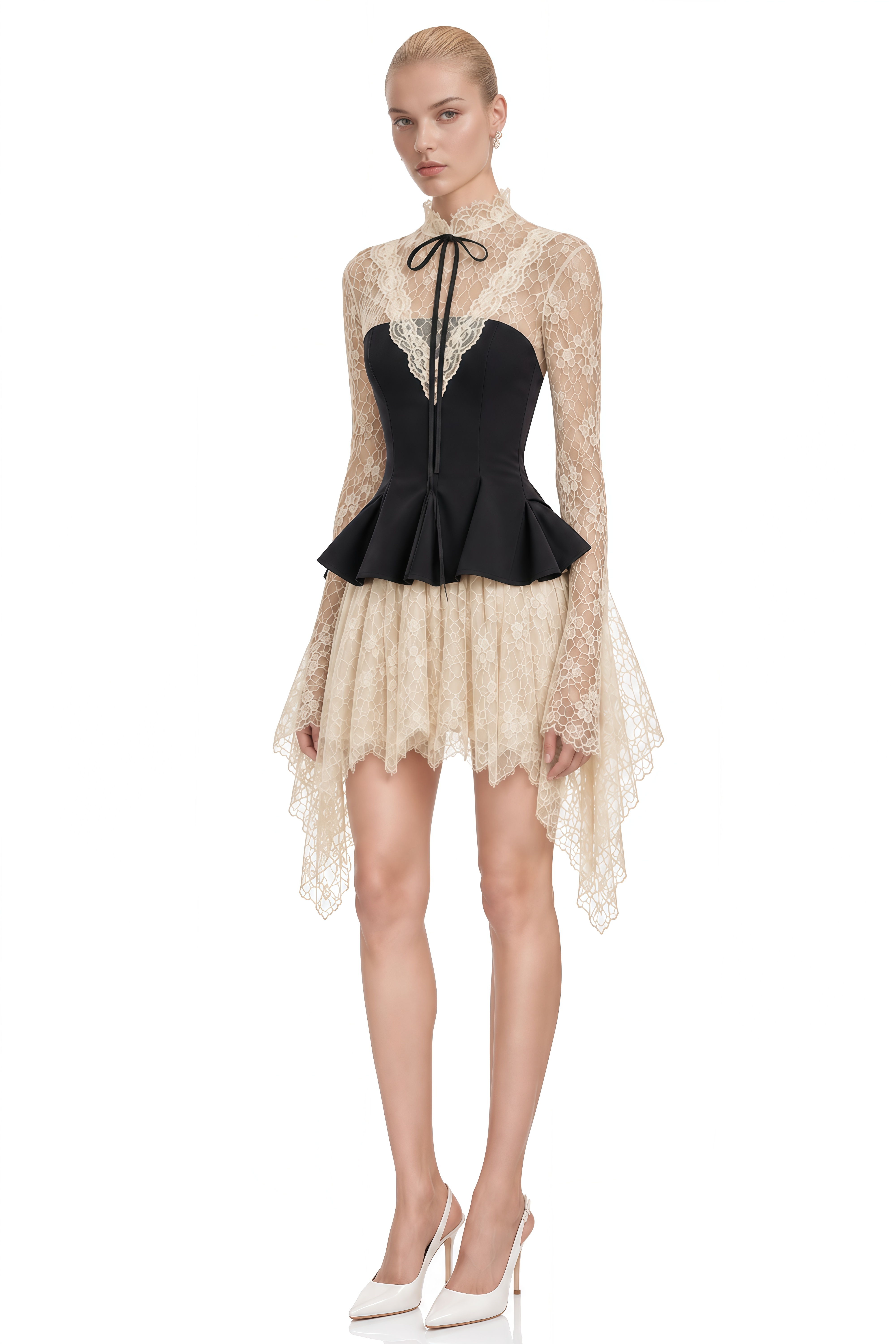 Imogen Neutral High-Neck Lace Mini Dress