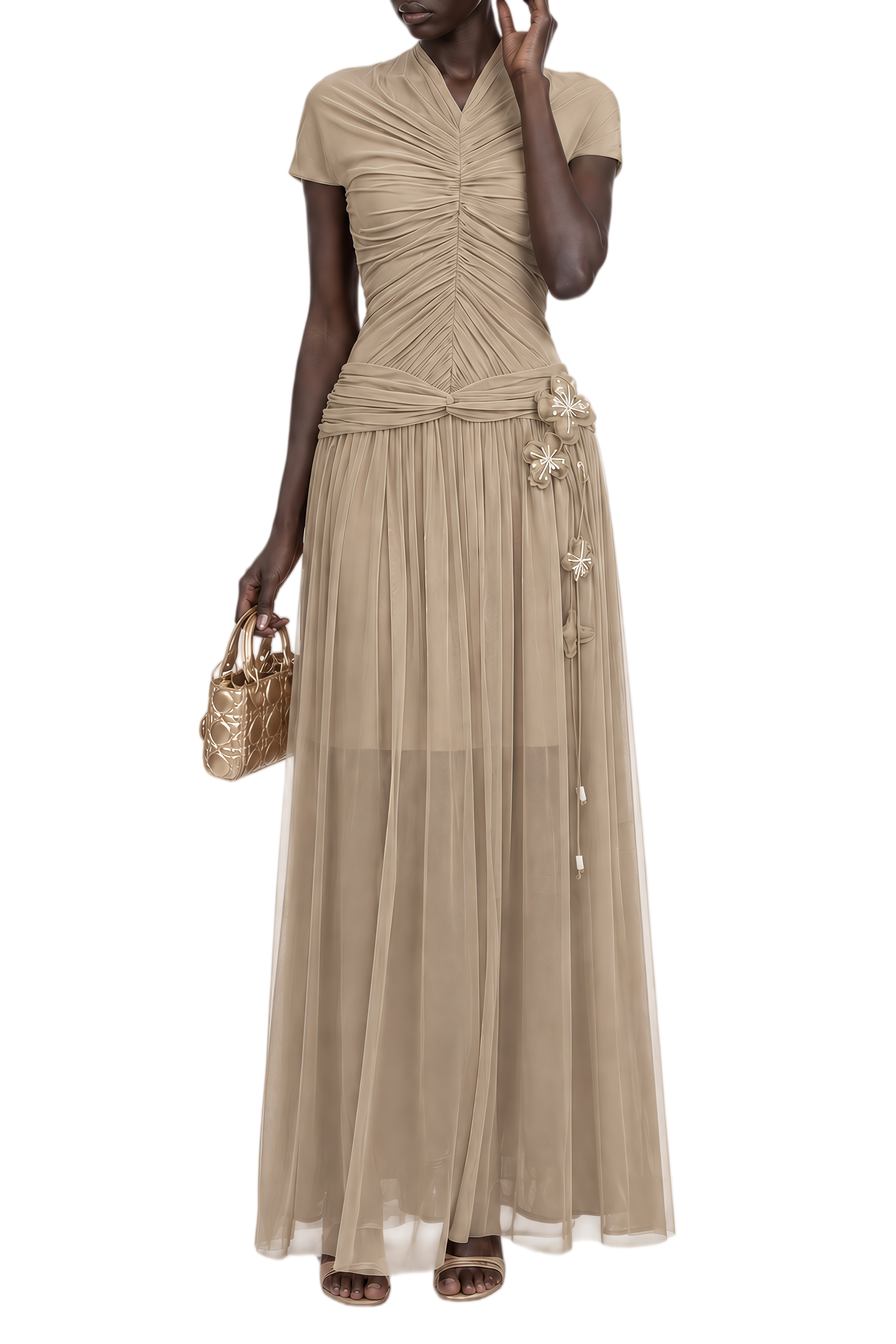 Catherine Brown V-Neck Ruched Maxi Dress