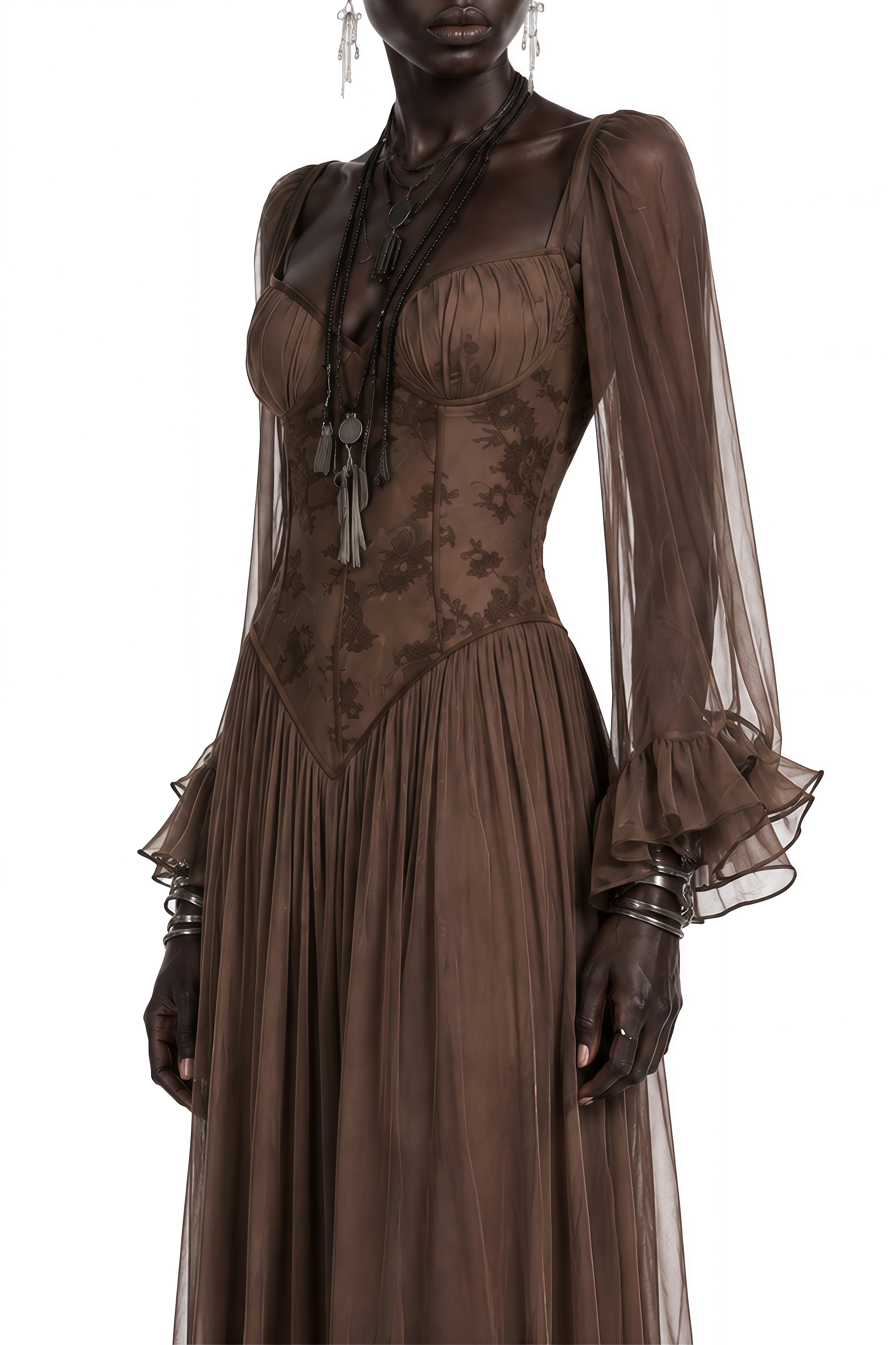 Portia Brown Long Sleeves Ruffled Midi Dress