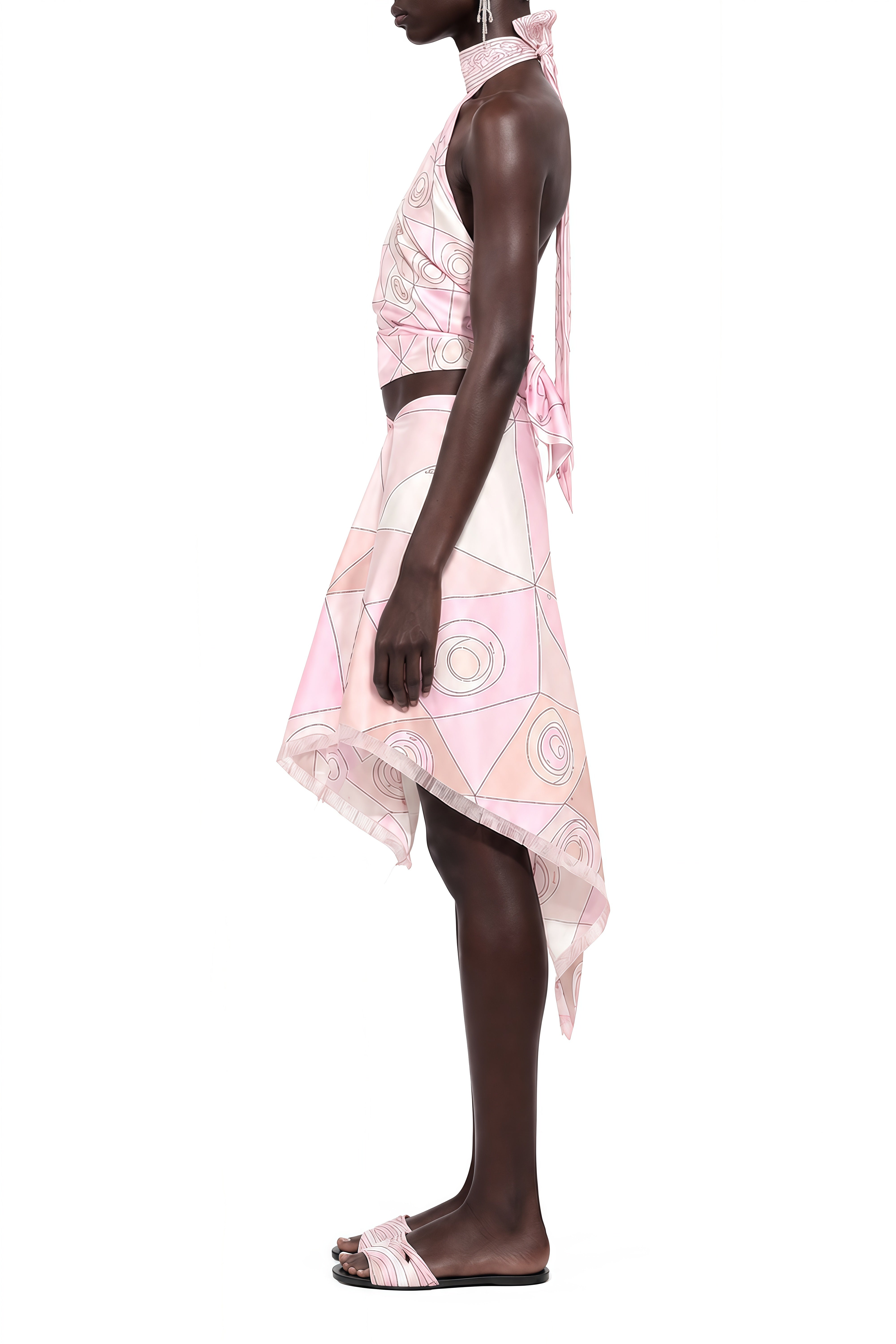 Amara Pink Abstract Print Asymmetrical Top & Skirt Set