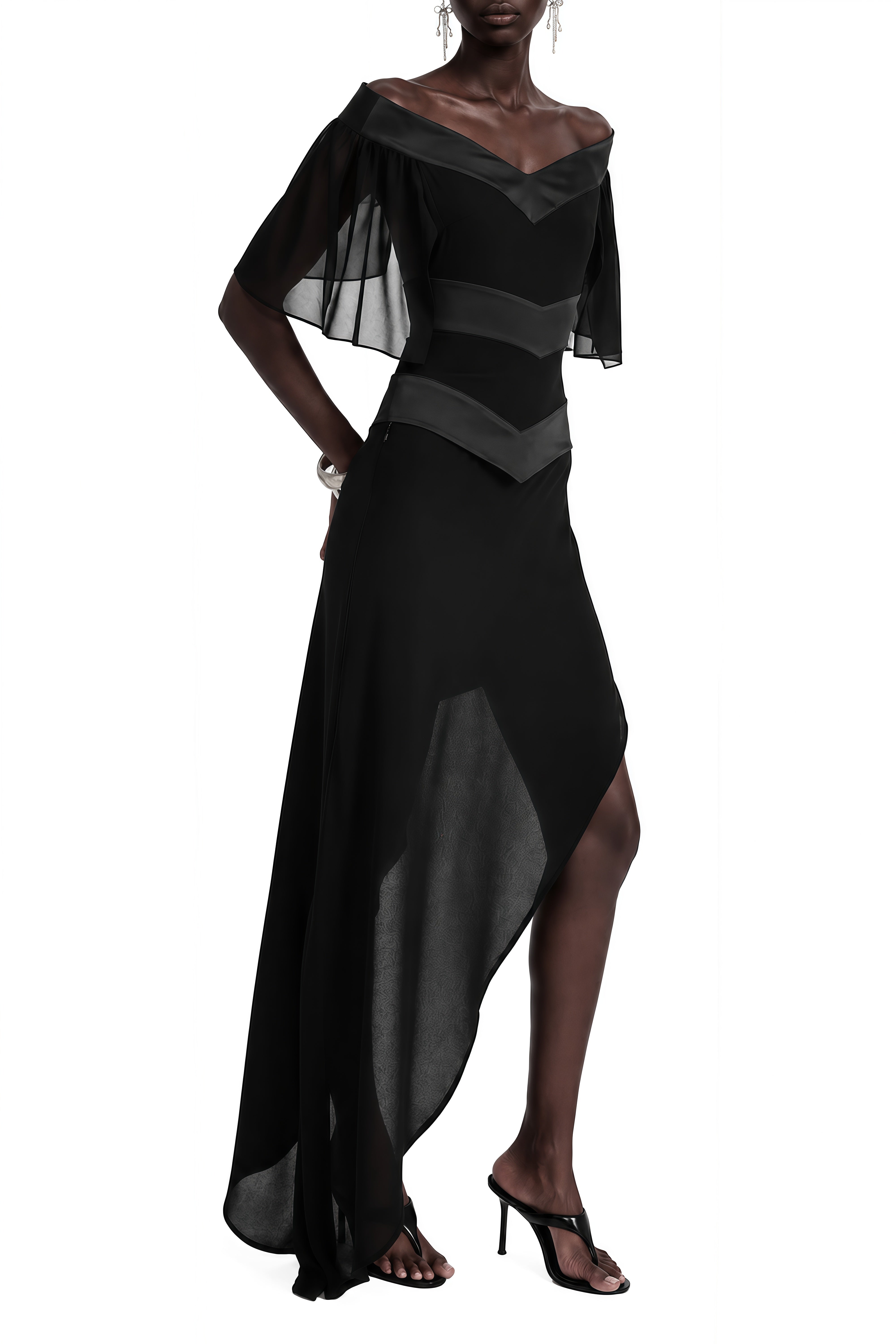 Clover Black Off Shoulder Asymmetrical Top & Skirt Set