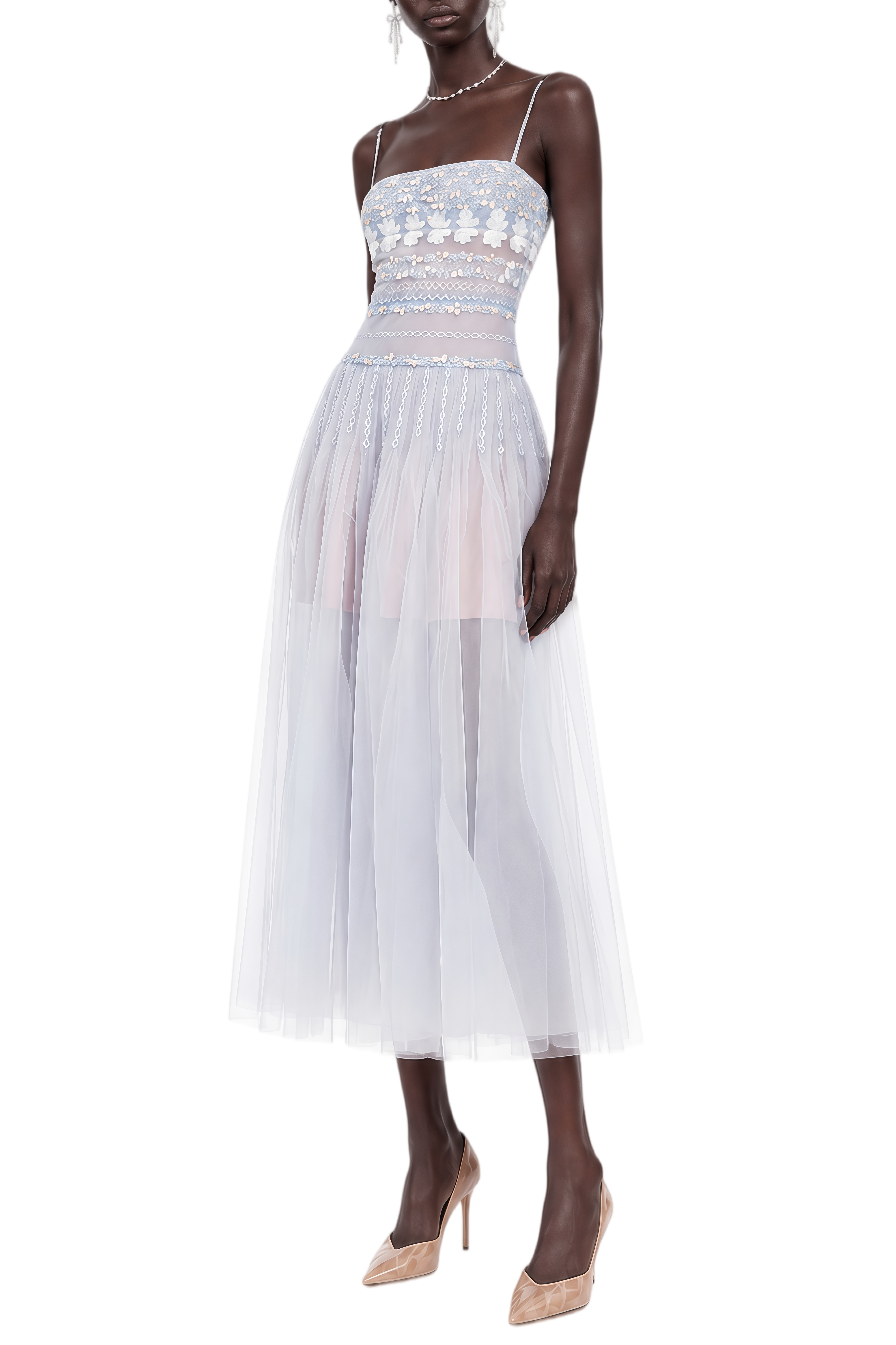 Rosalie Blue Sleeveless Embroidered Midi Dress