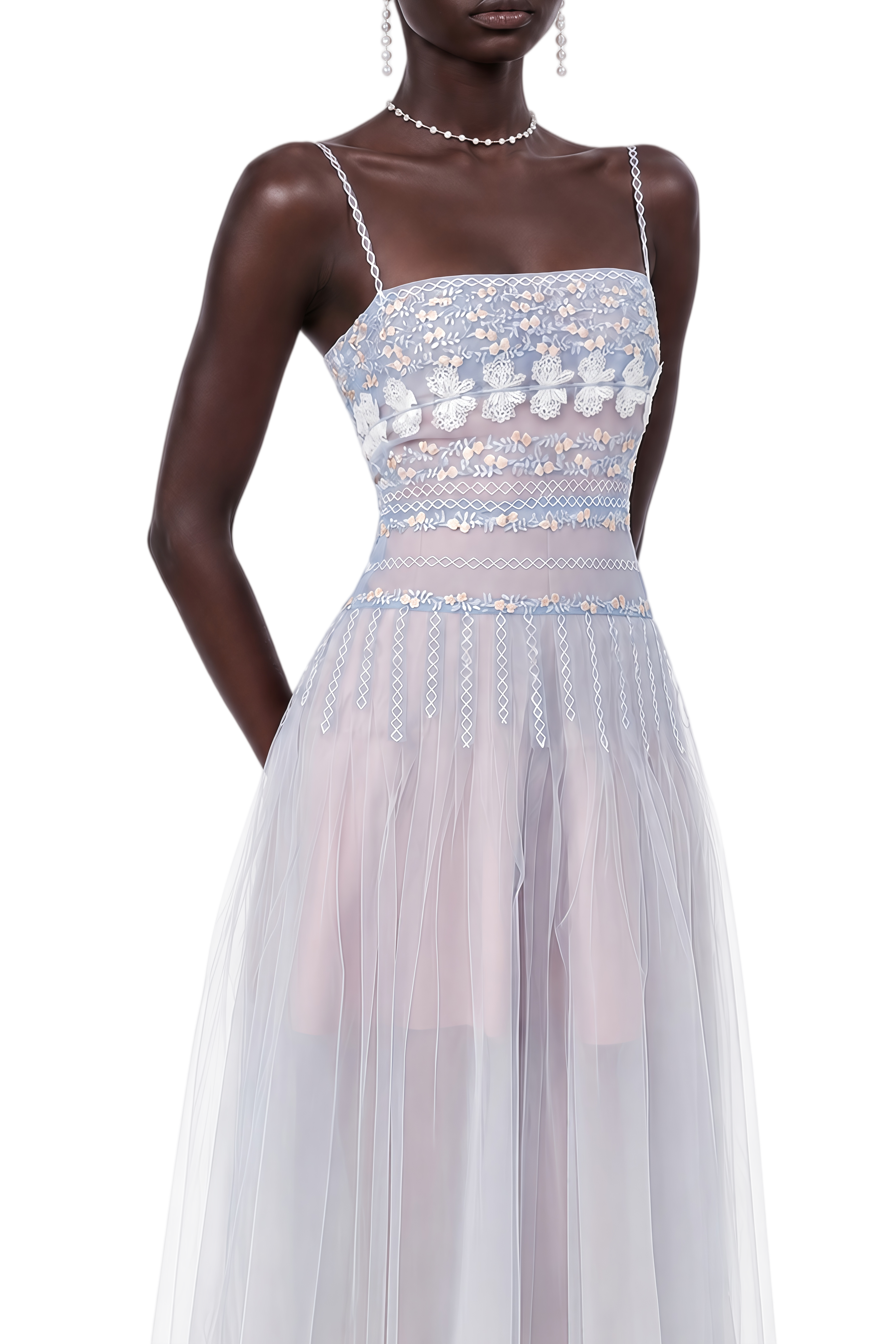 Rosalie Blue Sleeveless Embroidered Midi Dress