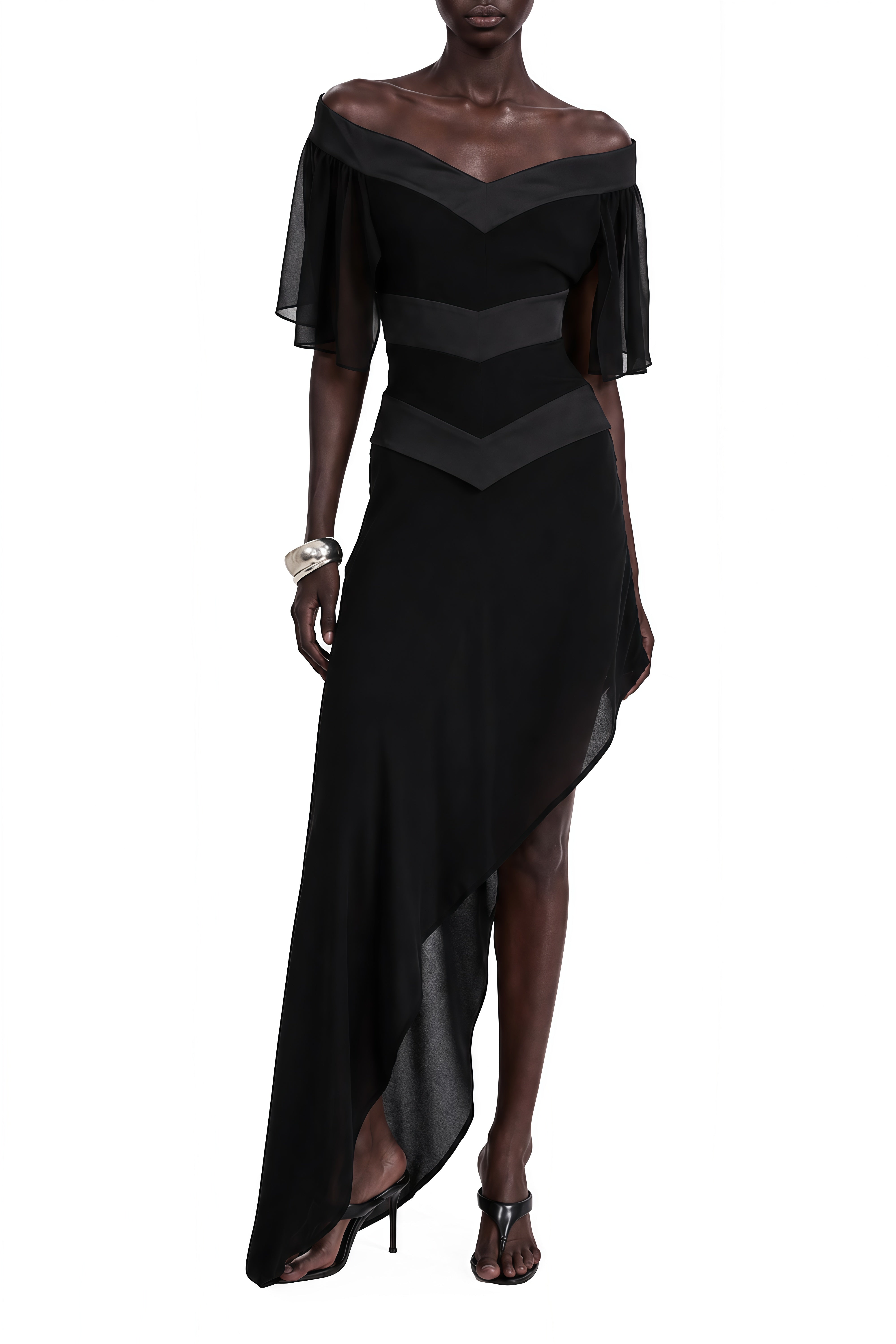 Clover Black Off Shoulder Asymmetrical Top & Skirt Set