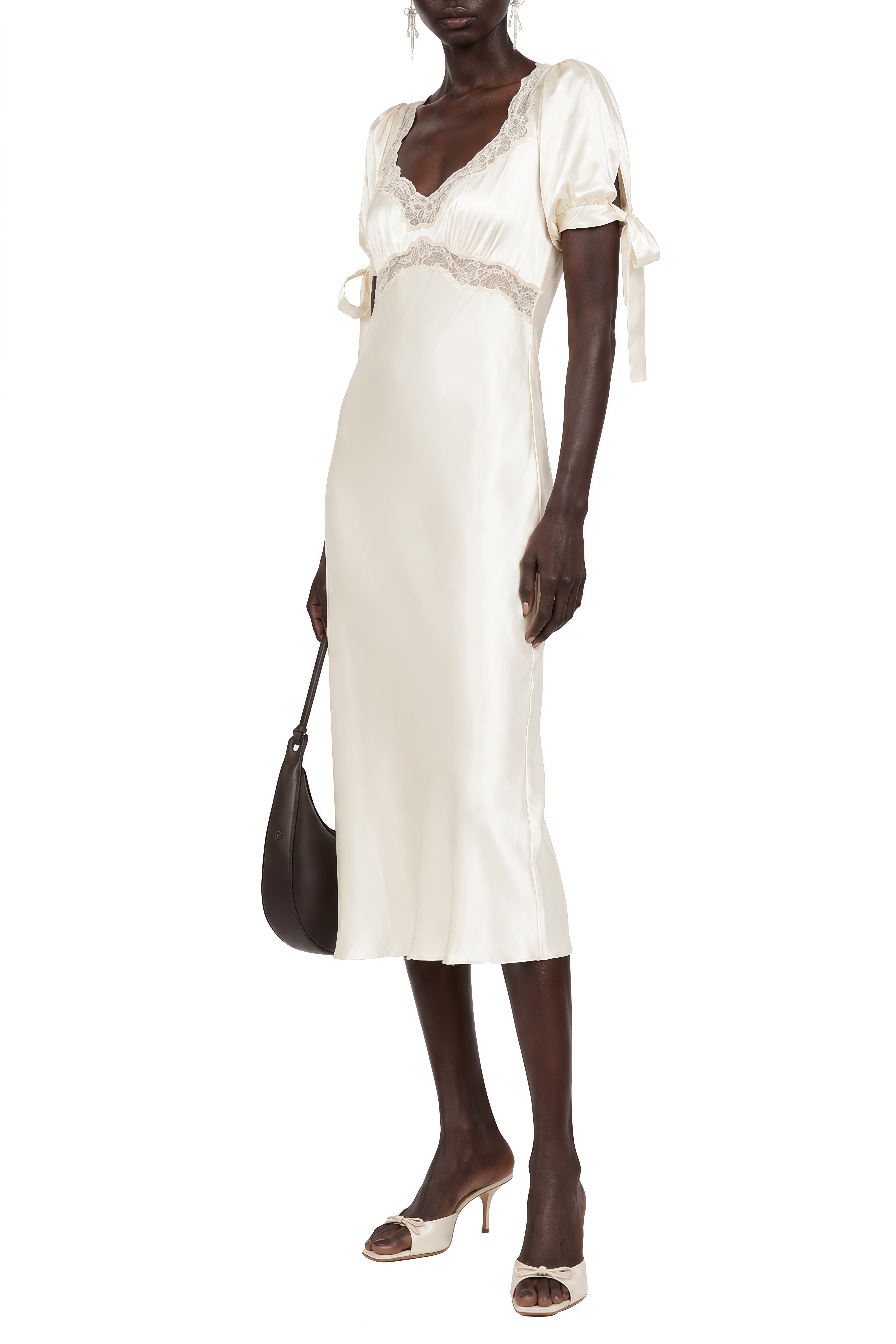 Aurora White Puff Sleeves Lace Midi Dress