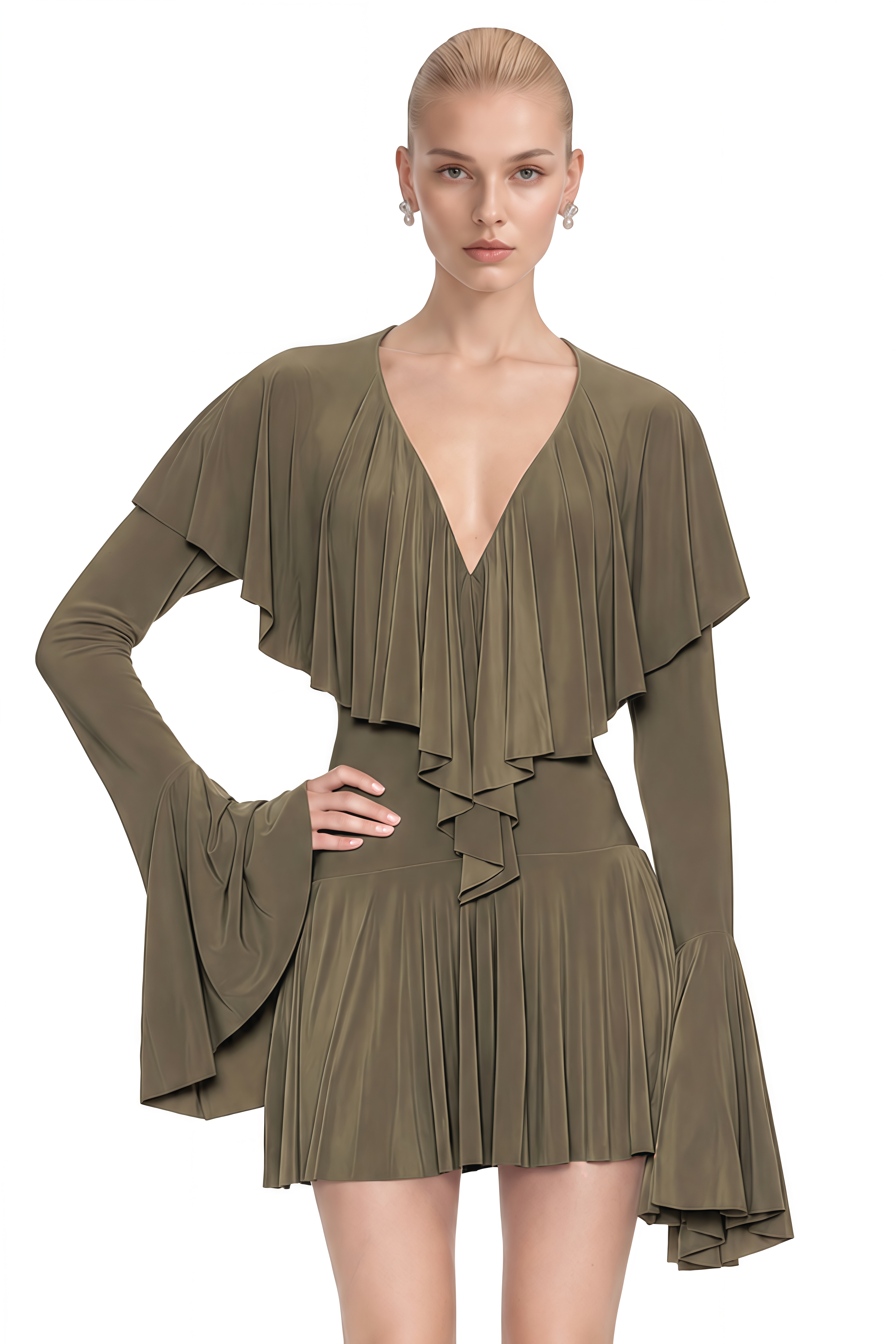 Eleanor Olive Green V-Neck Draped Mini Dress