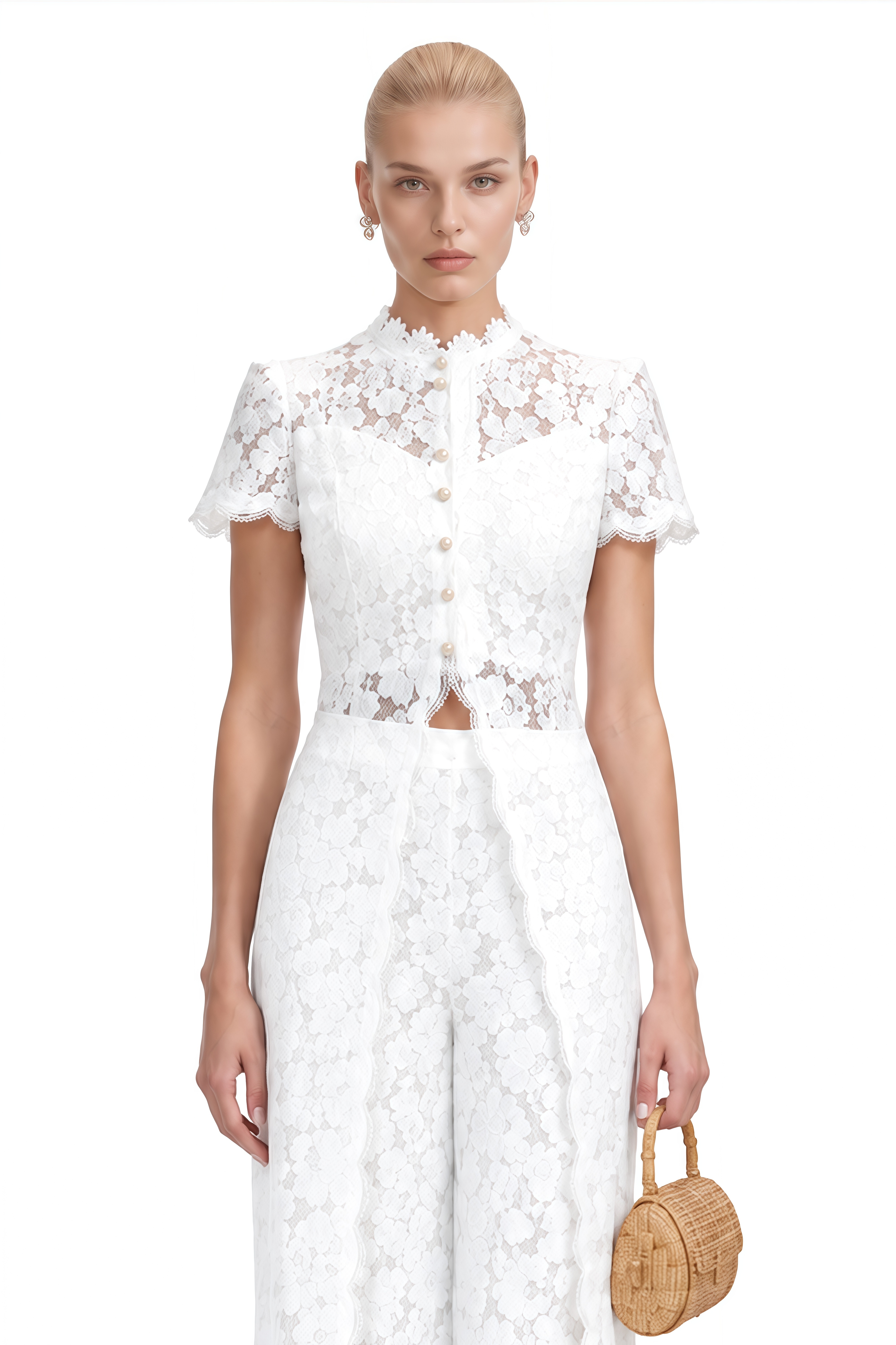 Clarisse White Short Sleeves Lace Blouse & Trousers Set