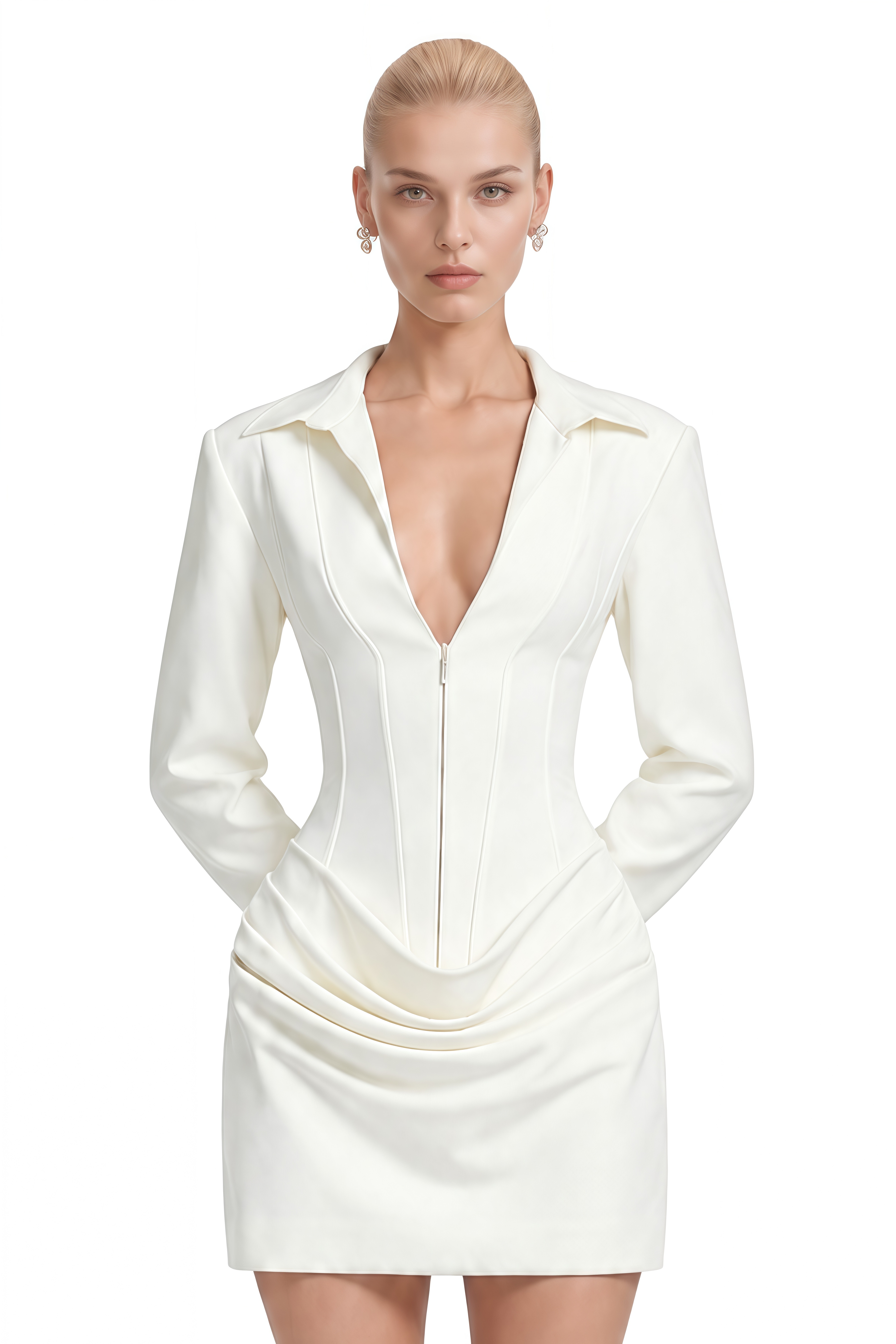 Olivia White Long Sleeves Draped Mini Dress