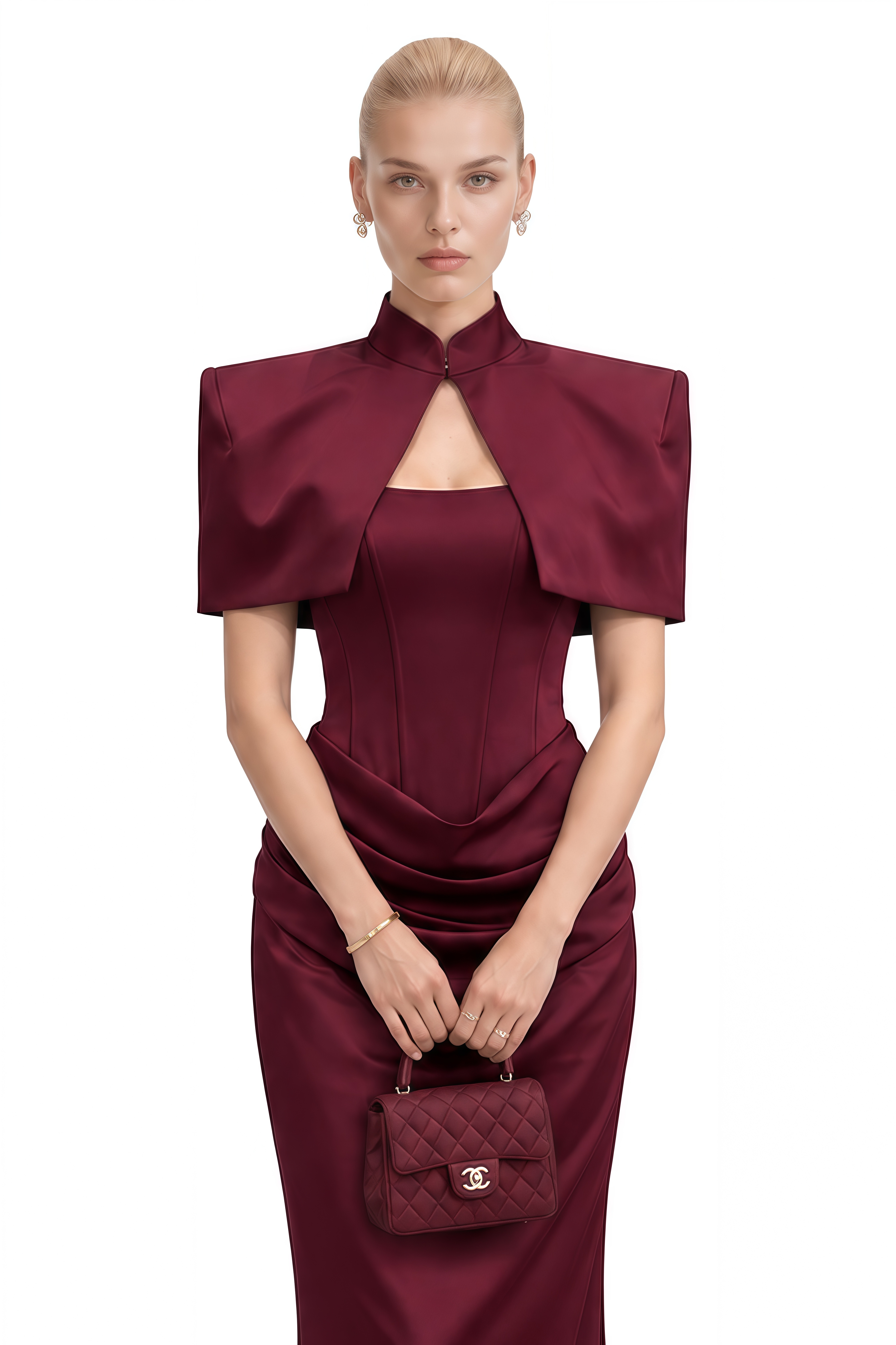 Odette Burgundy Cape Design Draped Maxi Dress