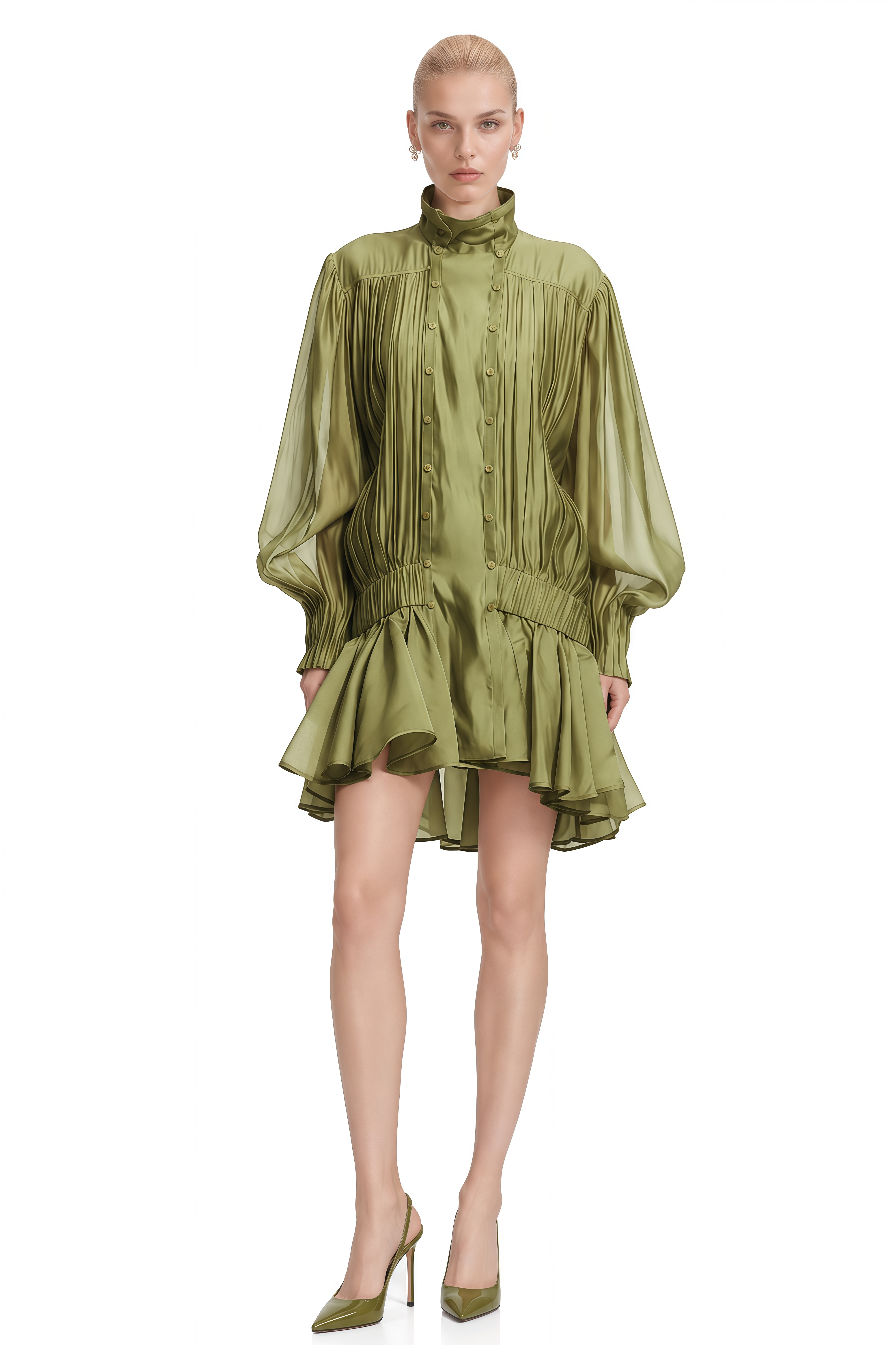 Cosima Olive Green Pleated High-Low Hem Mini Dress