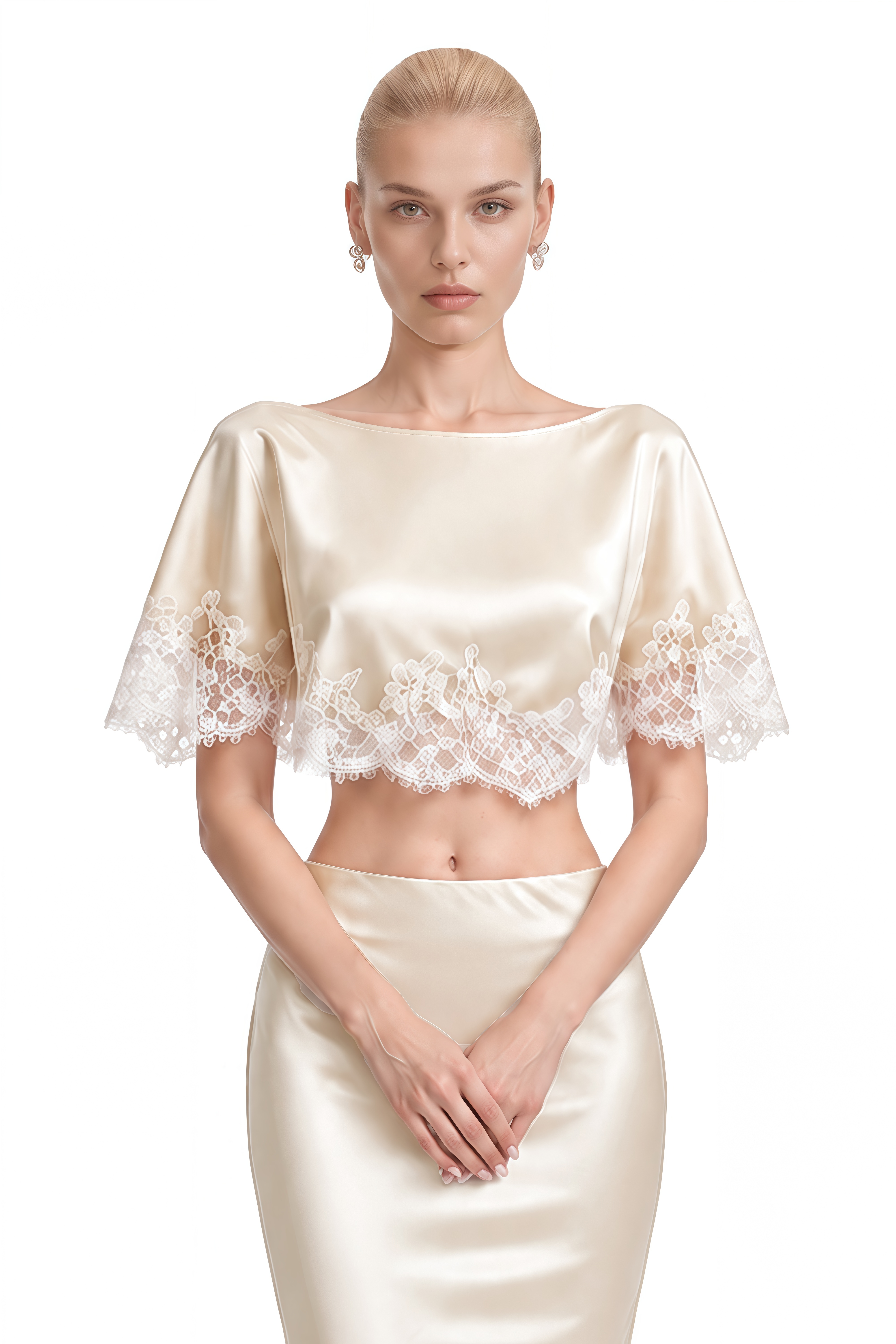 Mila Neutral Round Neck Lace-Trim Cape & Skirt Set