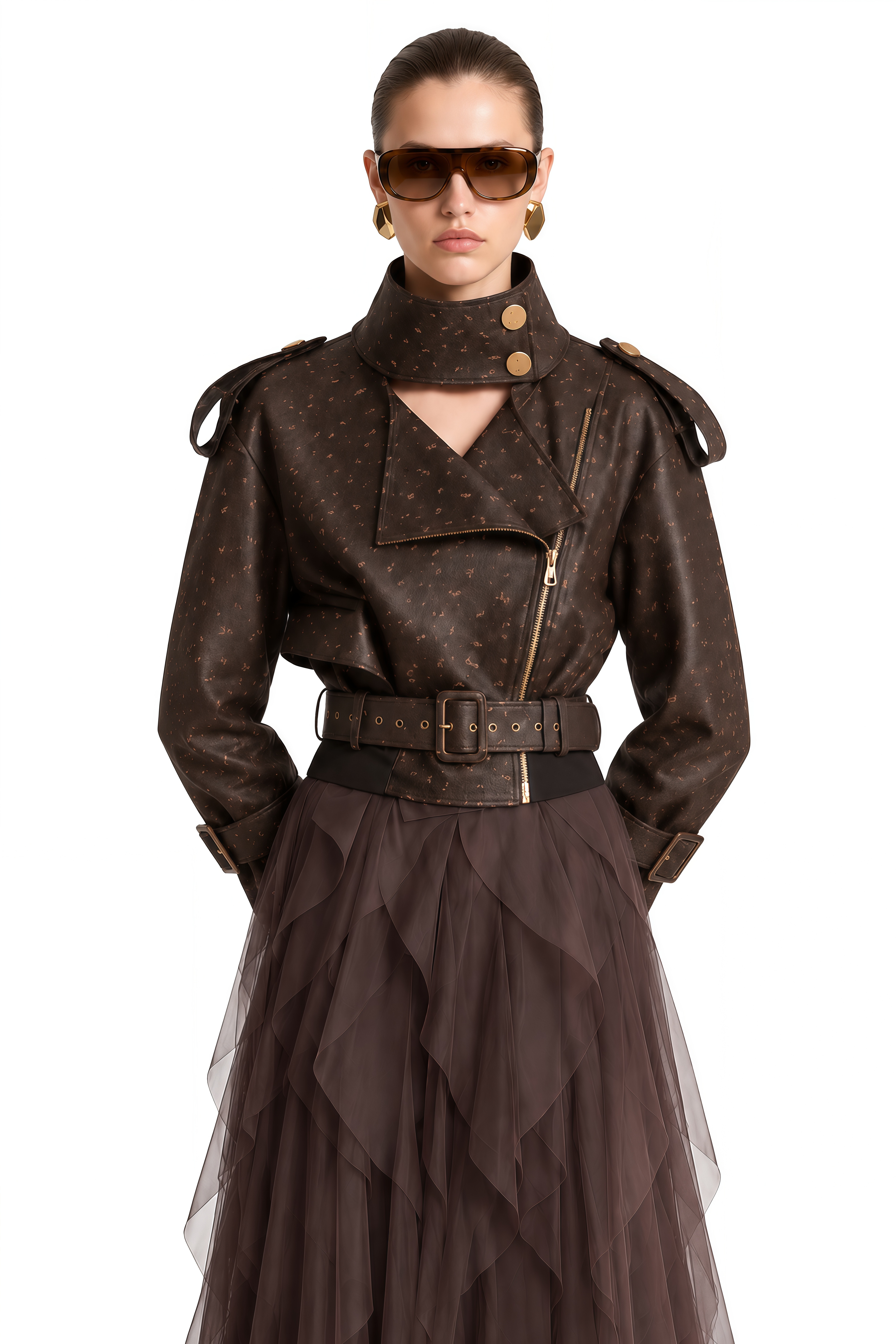 Theodora Brown Structured Ruffled Jacket & Skirt Set