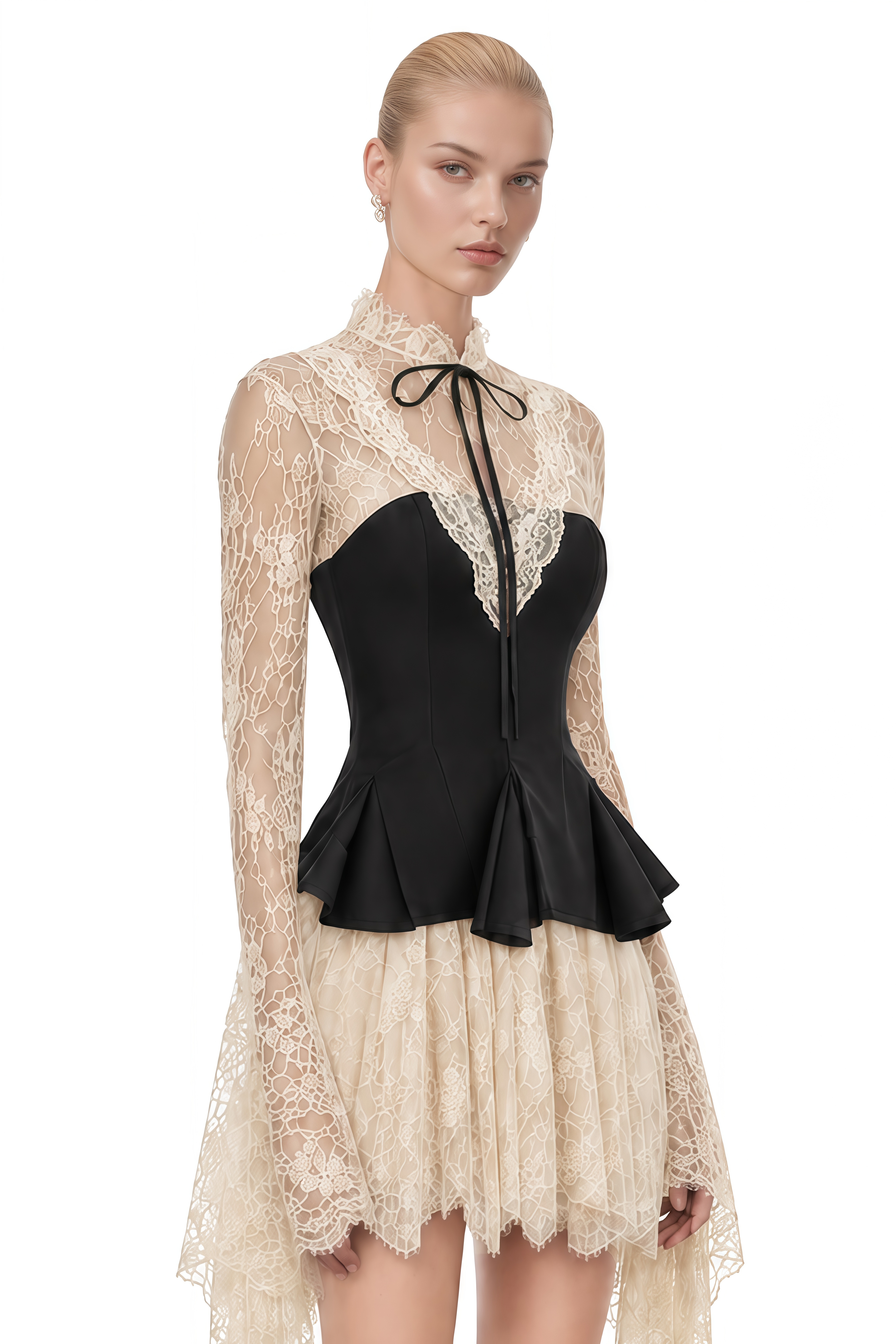 Imogen Neutral High-Neck Lace Mini Dress