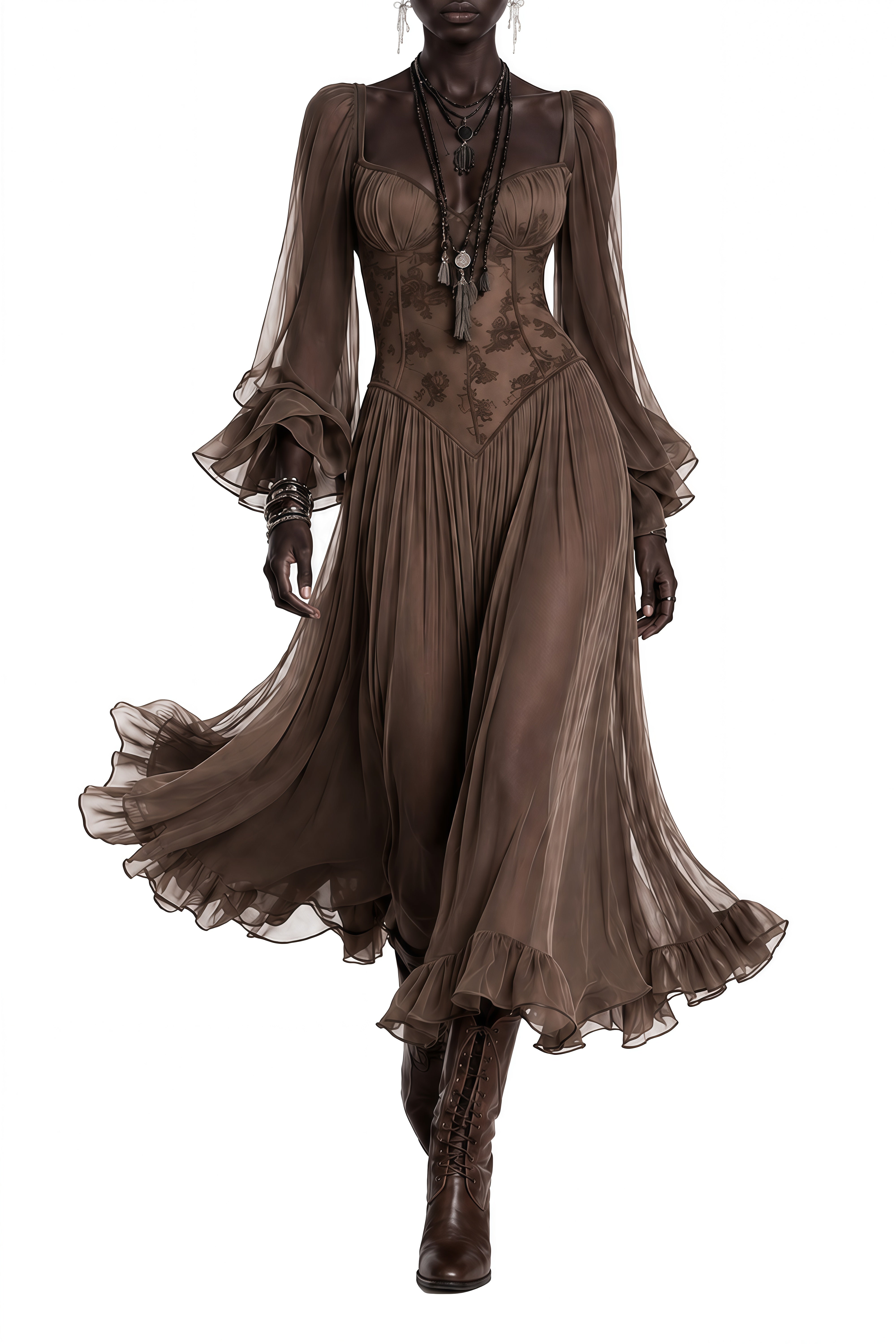 Portia Brown Long Sleeves Ruffled Midi Dress