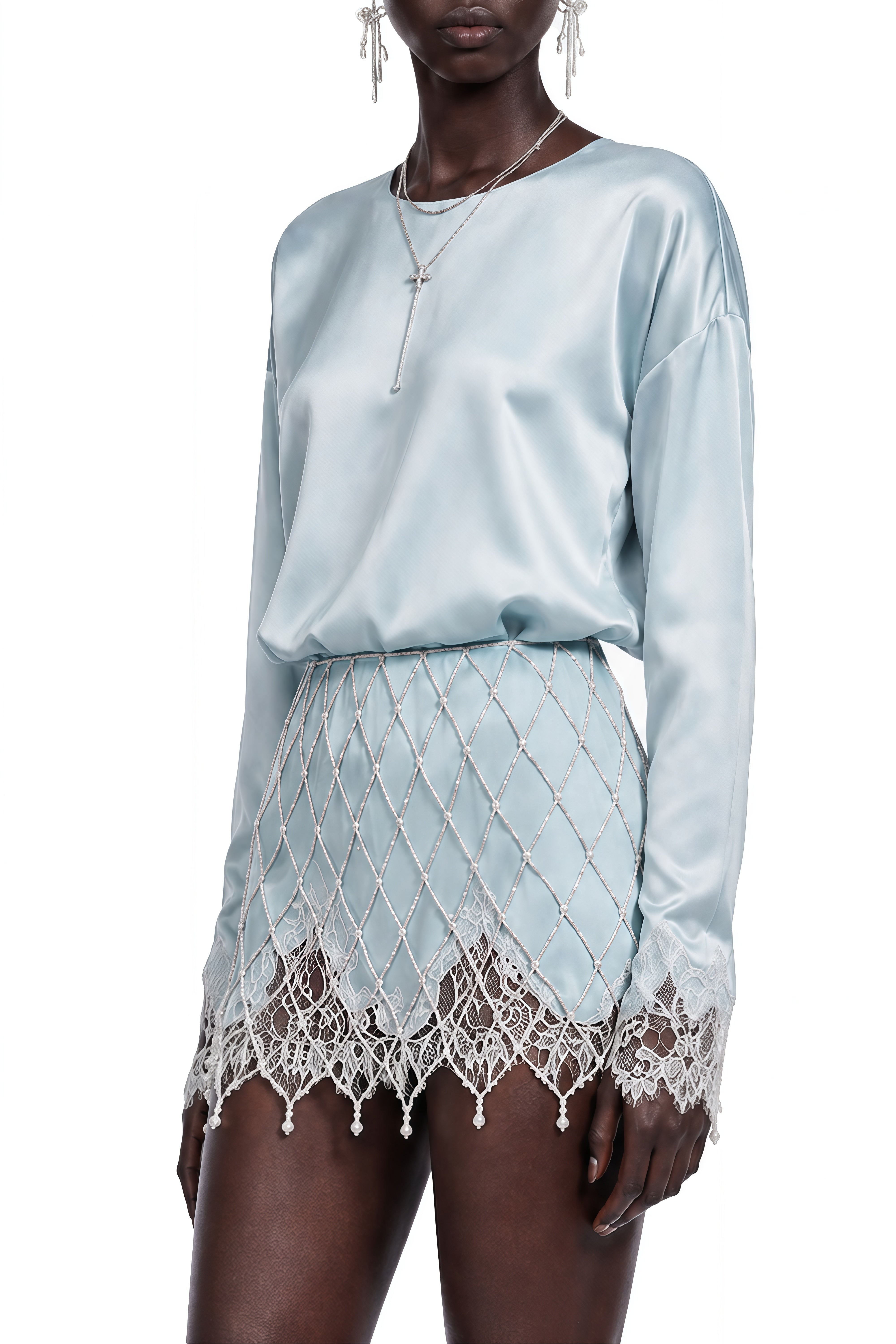 Eulalia Blue Round Neck Lace Blouse & Pearl Skirt Set