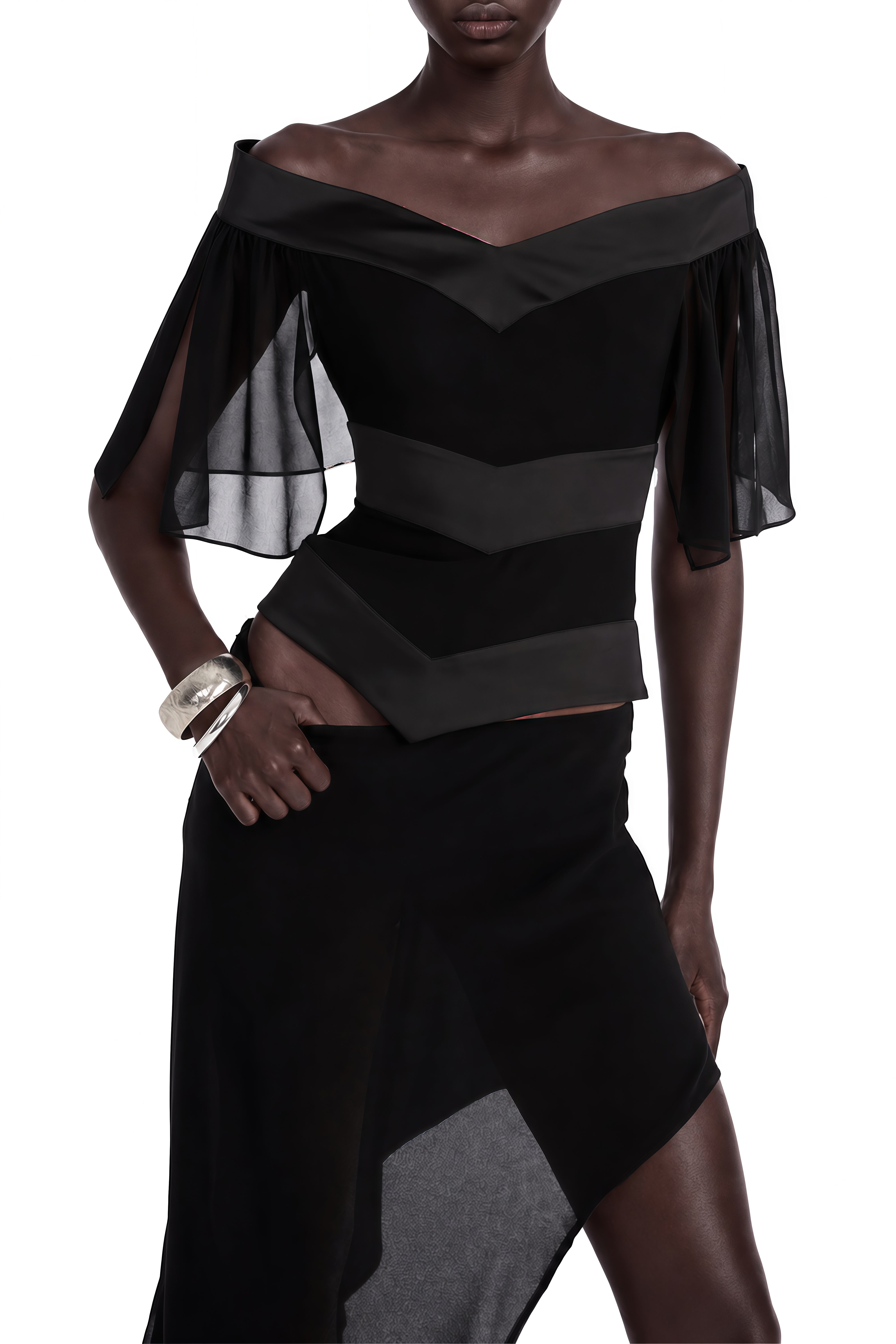 Clover Black Off Shoulder Asymmetrical Top & Skirt Set