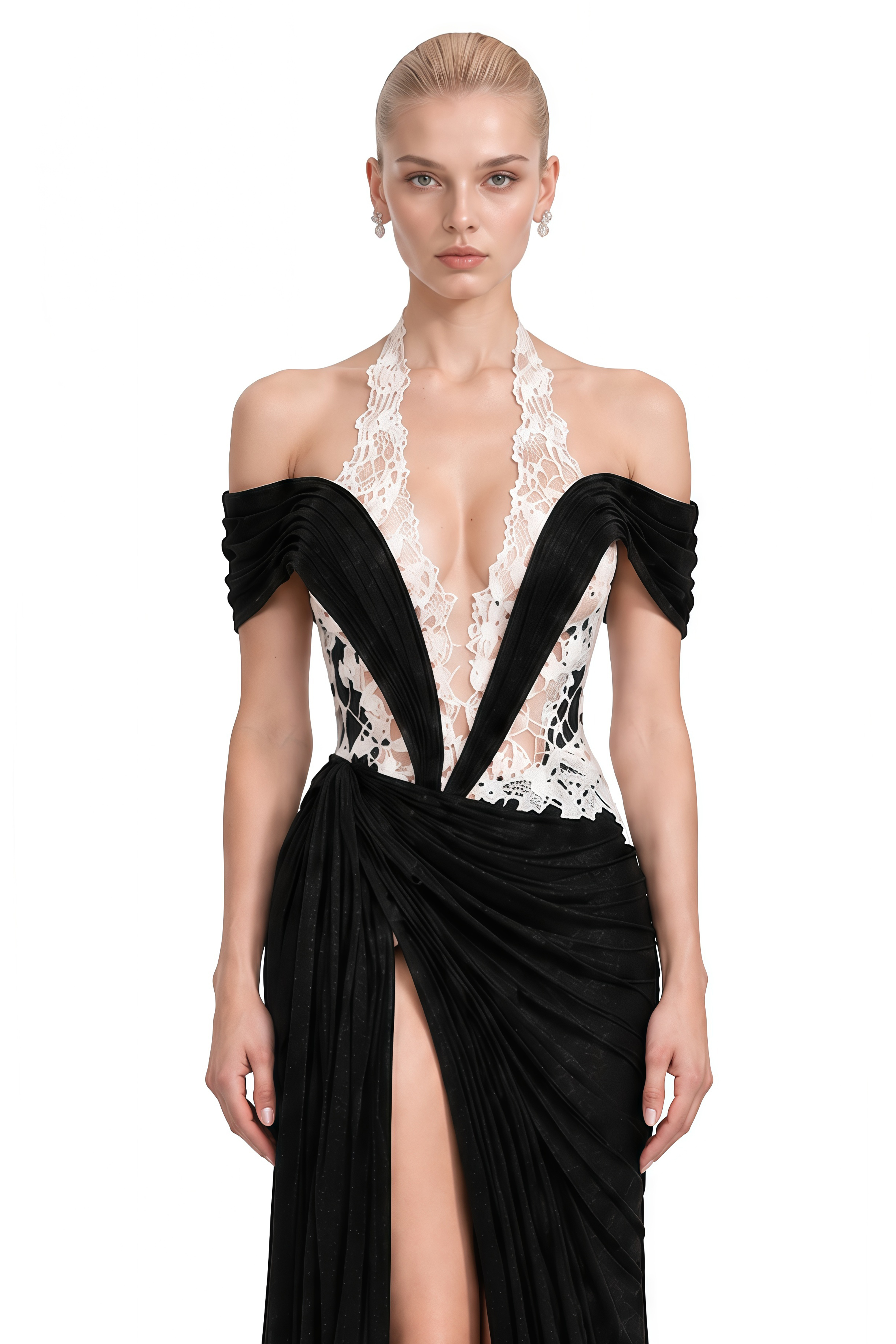 Luna Black Halterneck Contrast Lace Maxi Dress