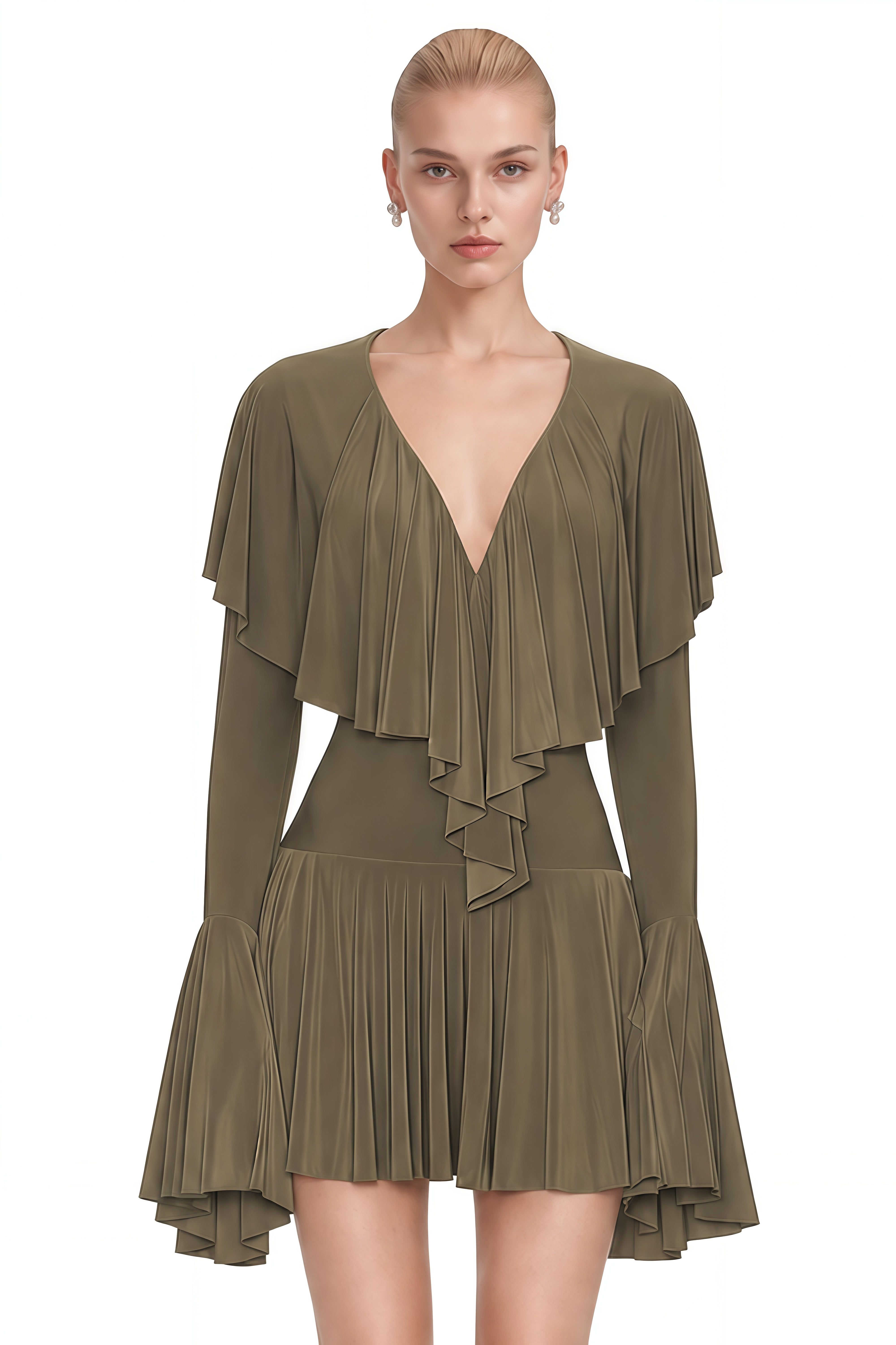 Eleanor Olive Green V-Neck Draped Mini Dress