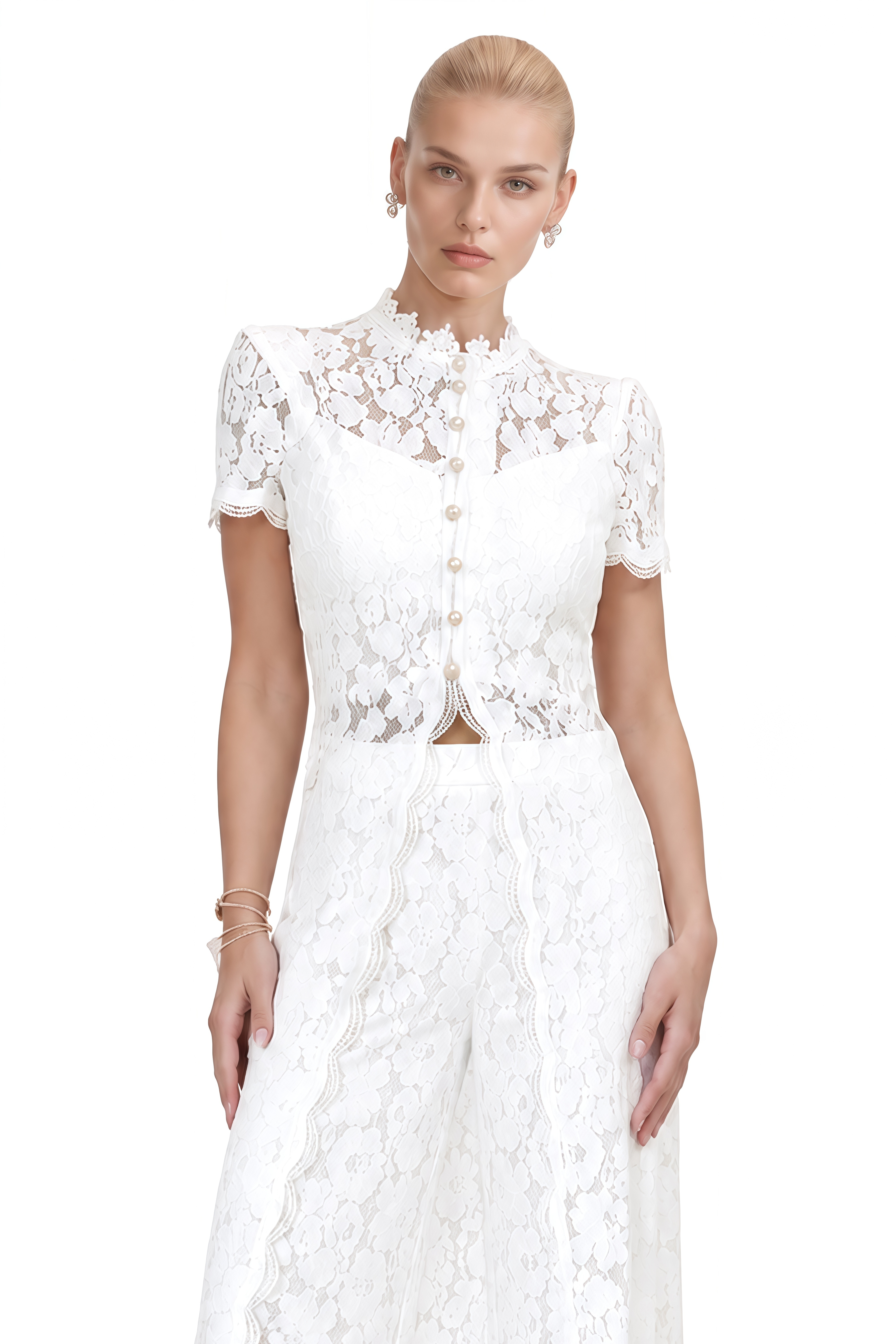 Clarisse White Short Sleeves Lace Blouse & Trousers Set