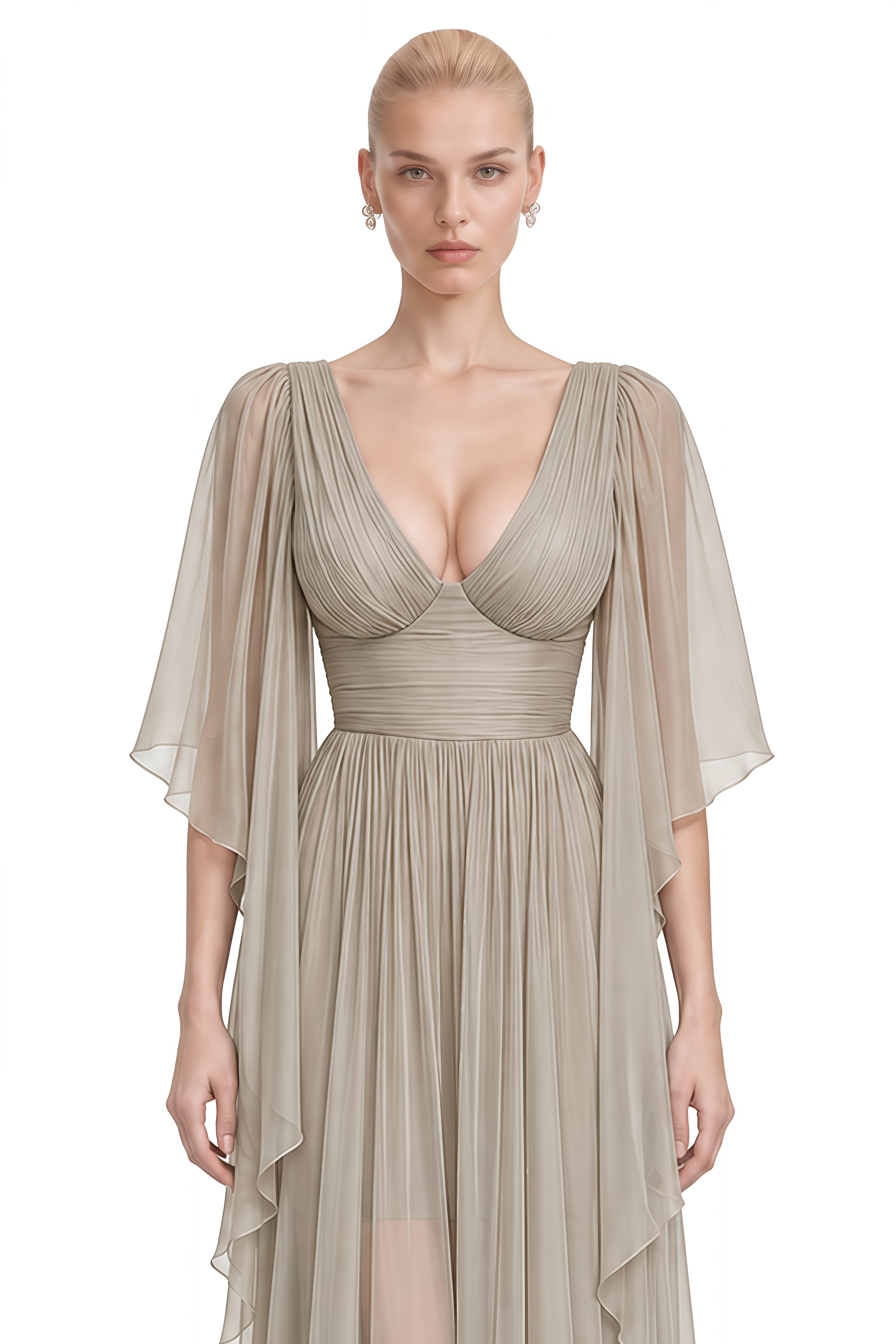 Wren Grey V-Neck Cape Sleeve Maxi Dress