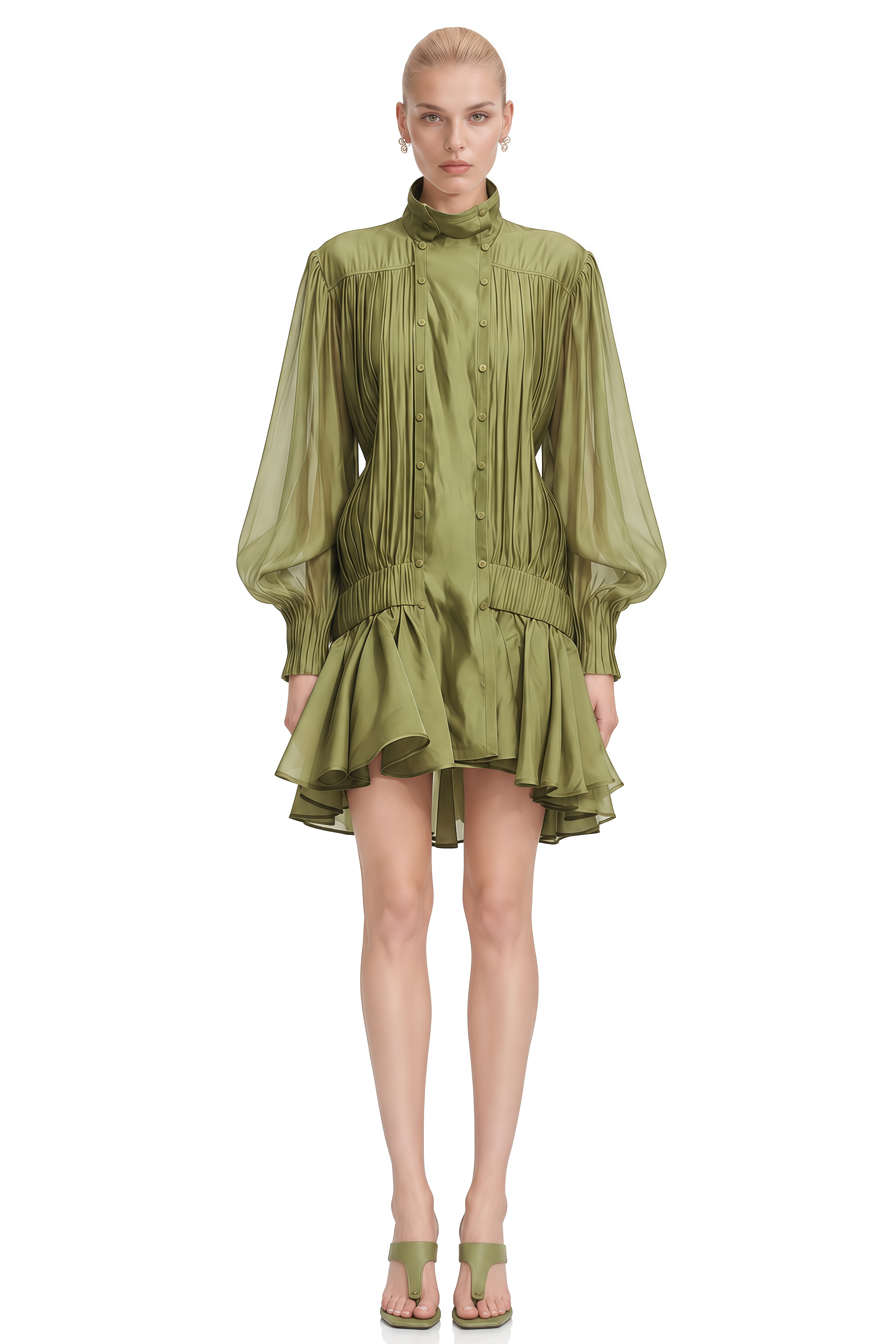 Cosima Olive Green Pleated High-Low Hem Mini Dress