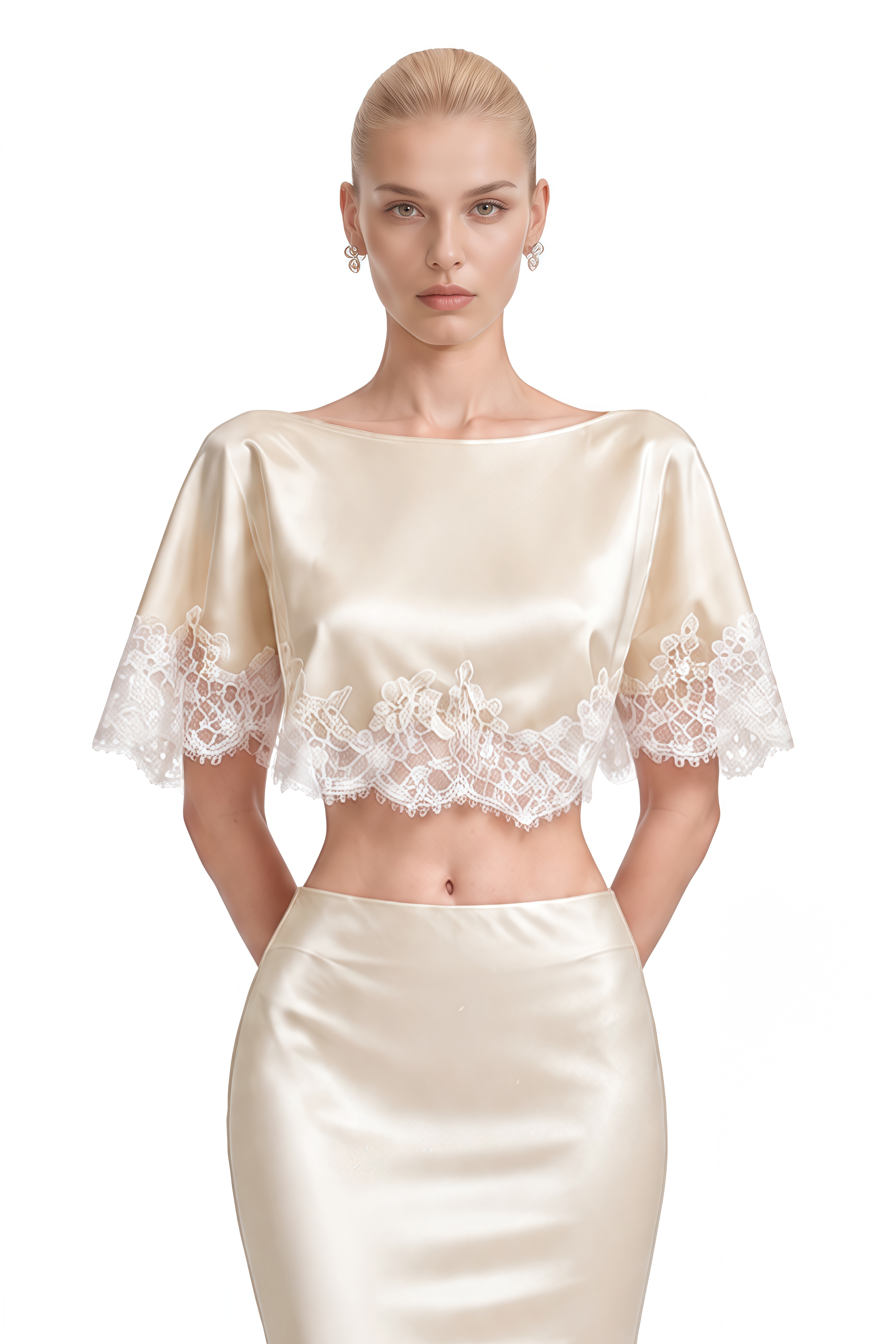 Mila Neutral Round Neck Lace-Trim Cape & Skirt Set