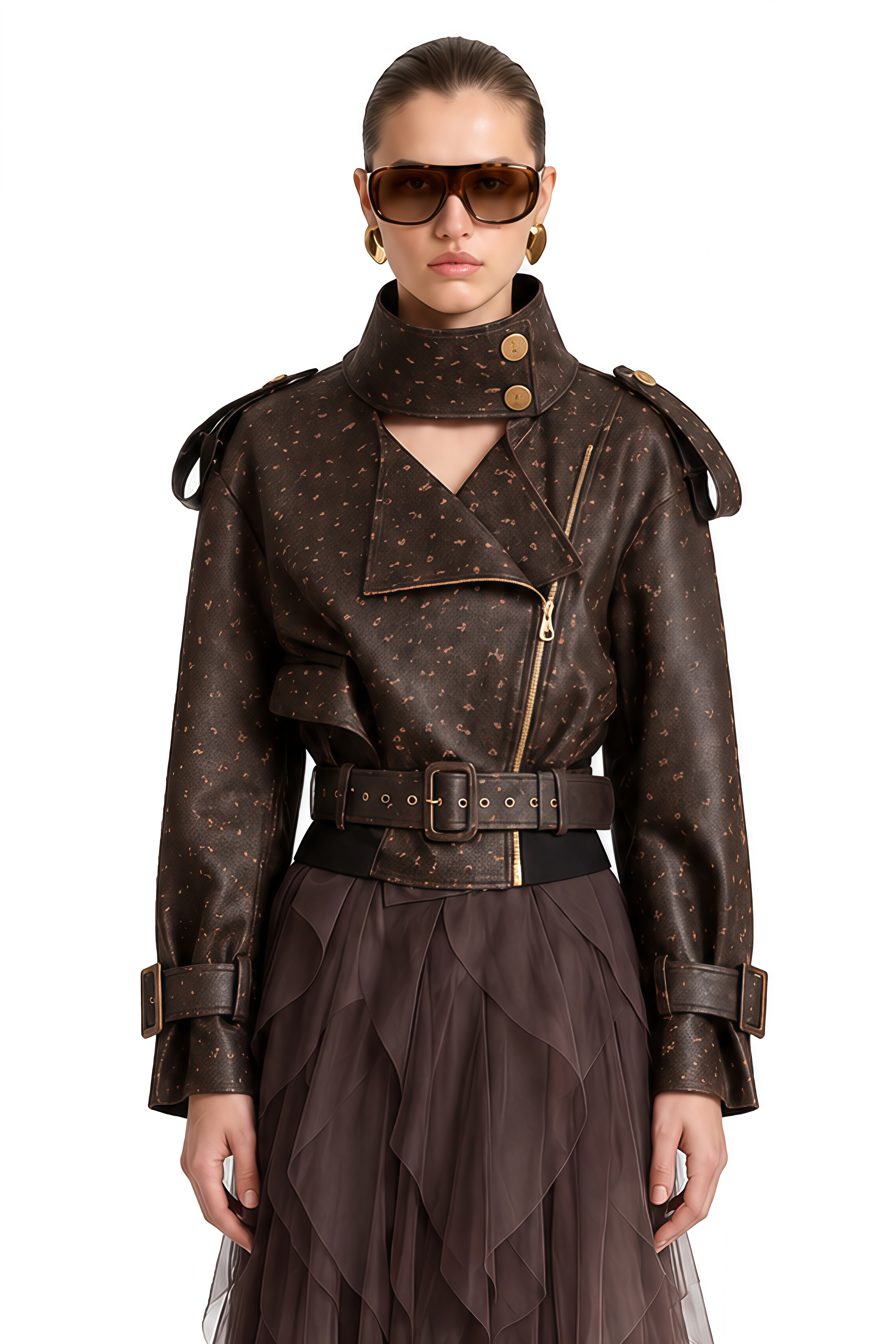 Theodora Brown Structured Ruffled Jacket & Skirt Set