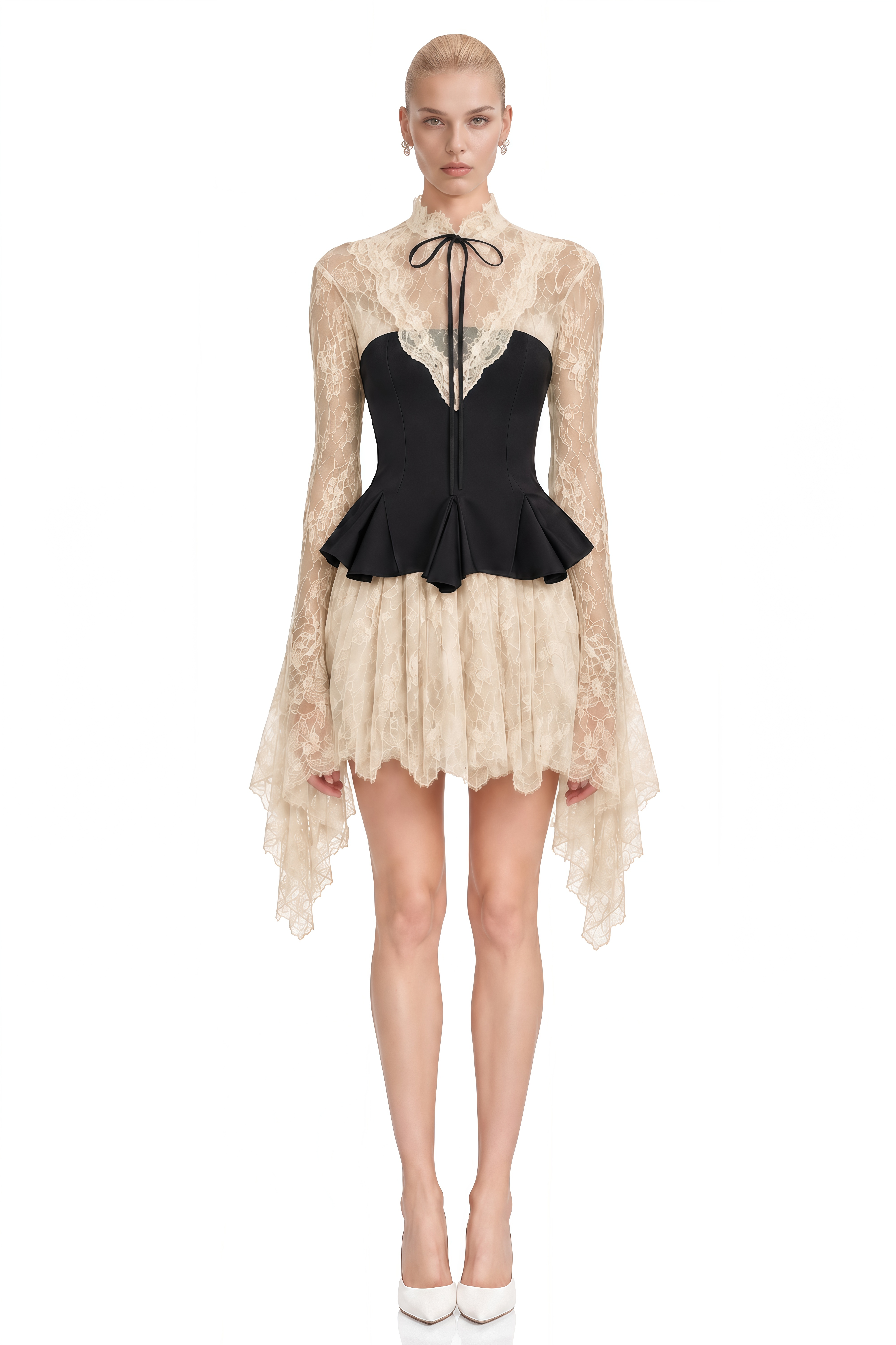 Imogen Neutral High-Neck Lace Mini Dress