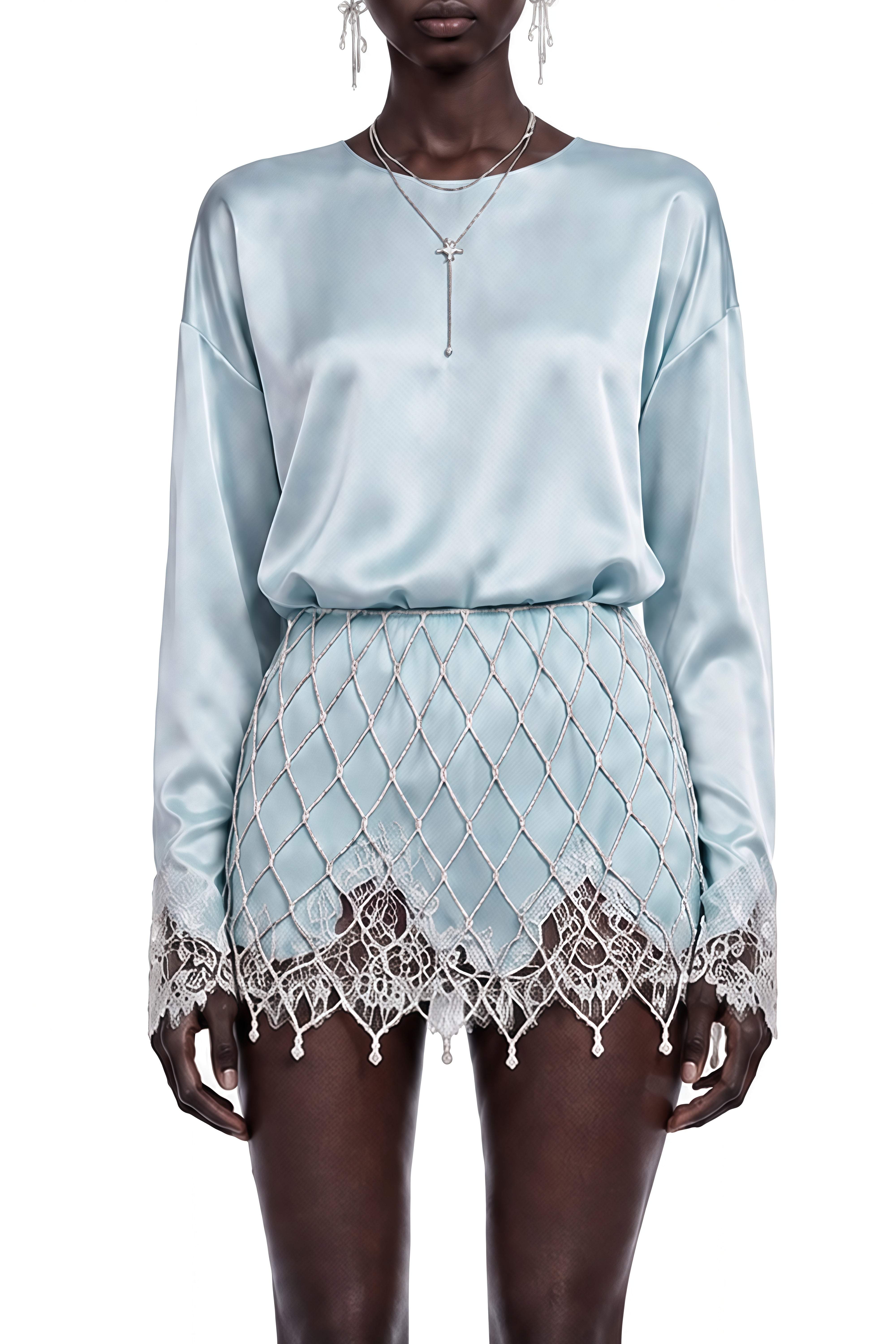 Eulalia Blue Round Neck Lace Blouse & Pearl Skirt Set