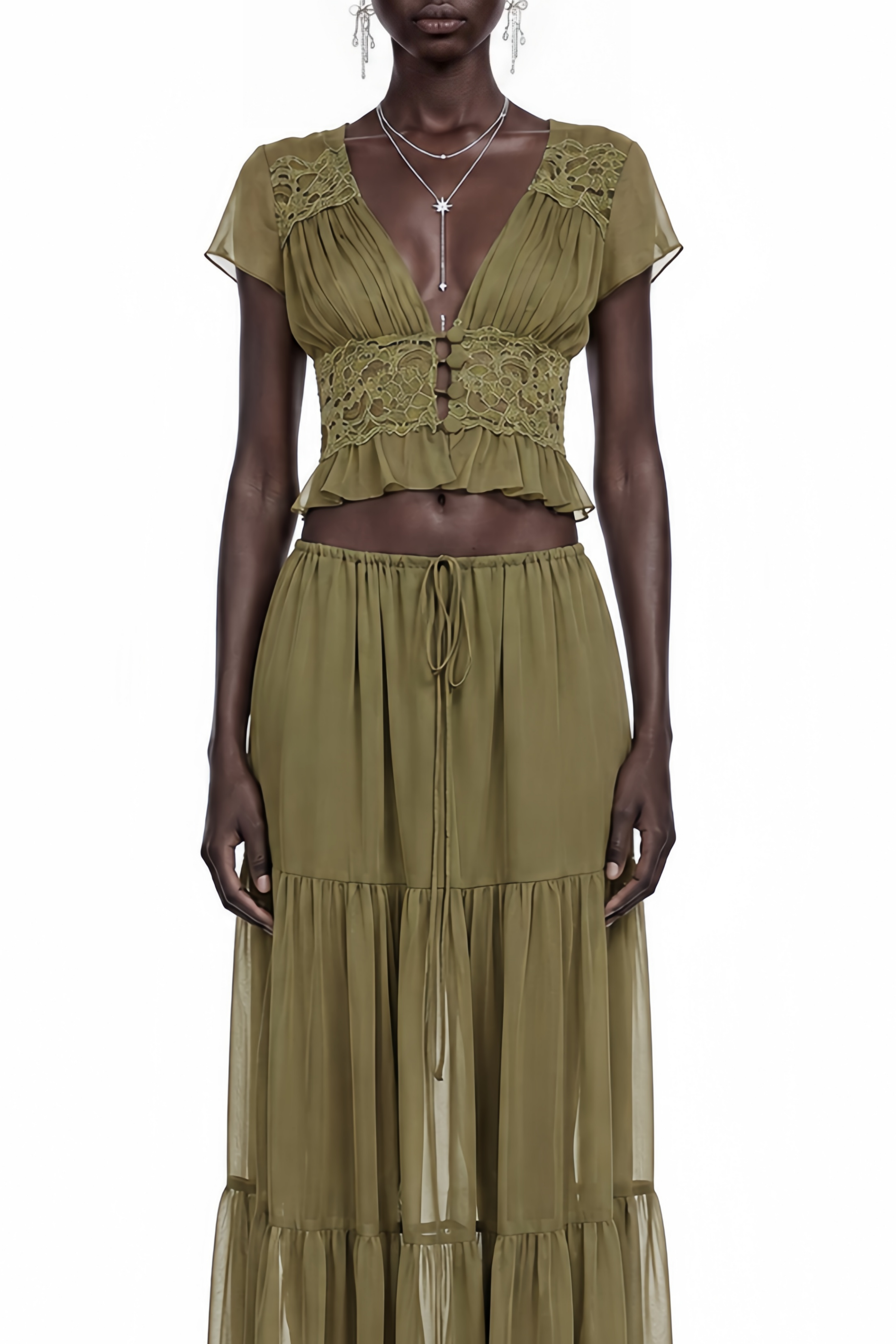 Juniper Green Puff Sleeve Ruched Top & Skirt Set