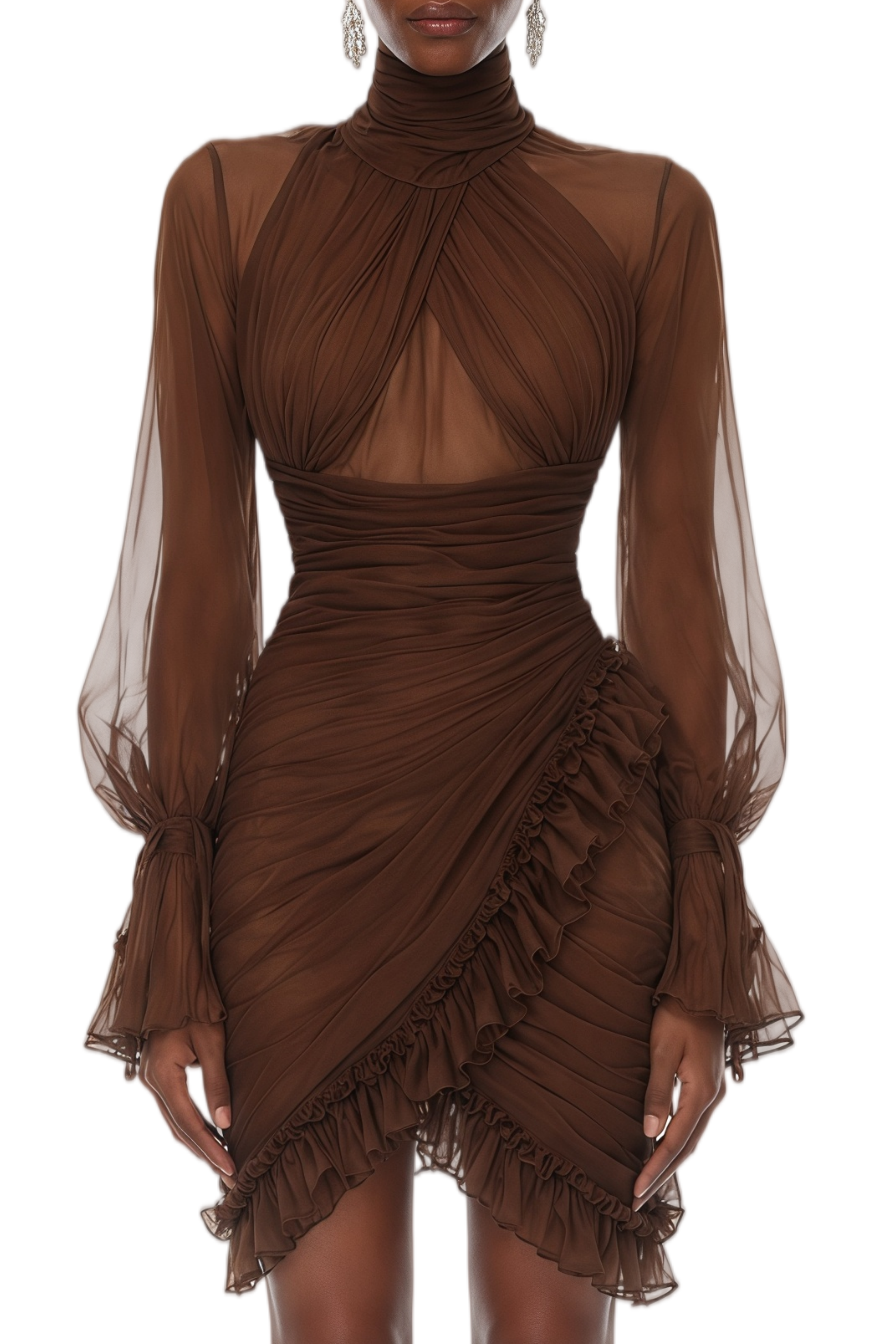 Maelys Brown Asymmetrical Ruched Mini Dress