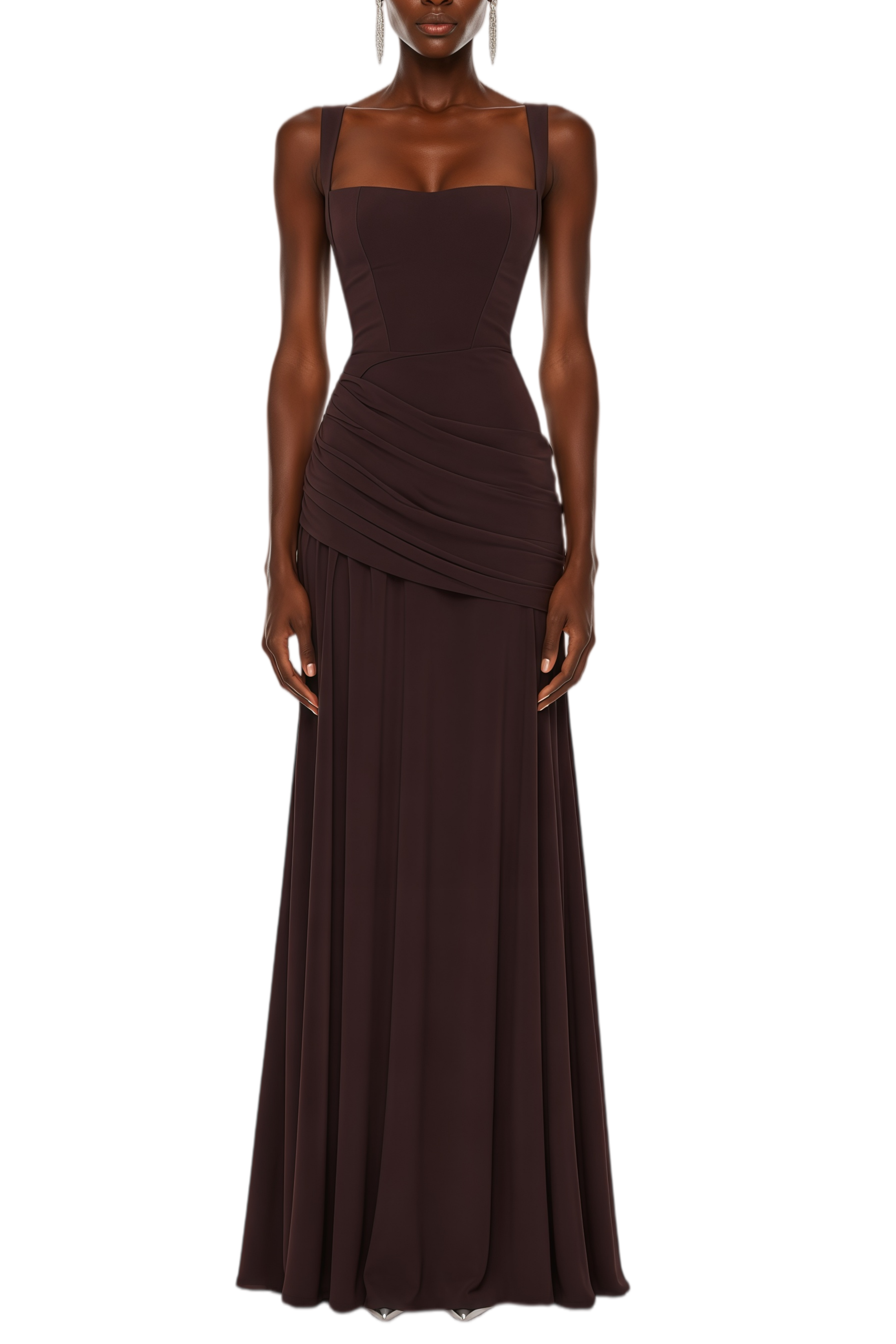Althea Dark Brown Lace-Up Back Ruched Maxi Dress