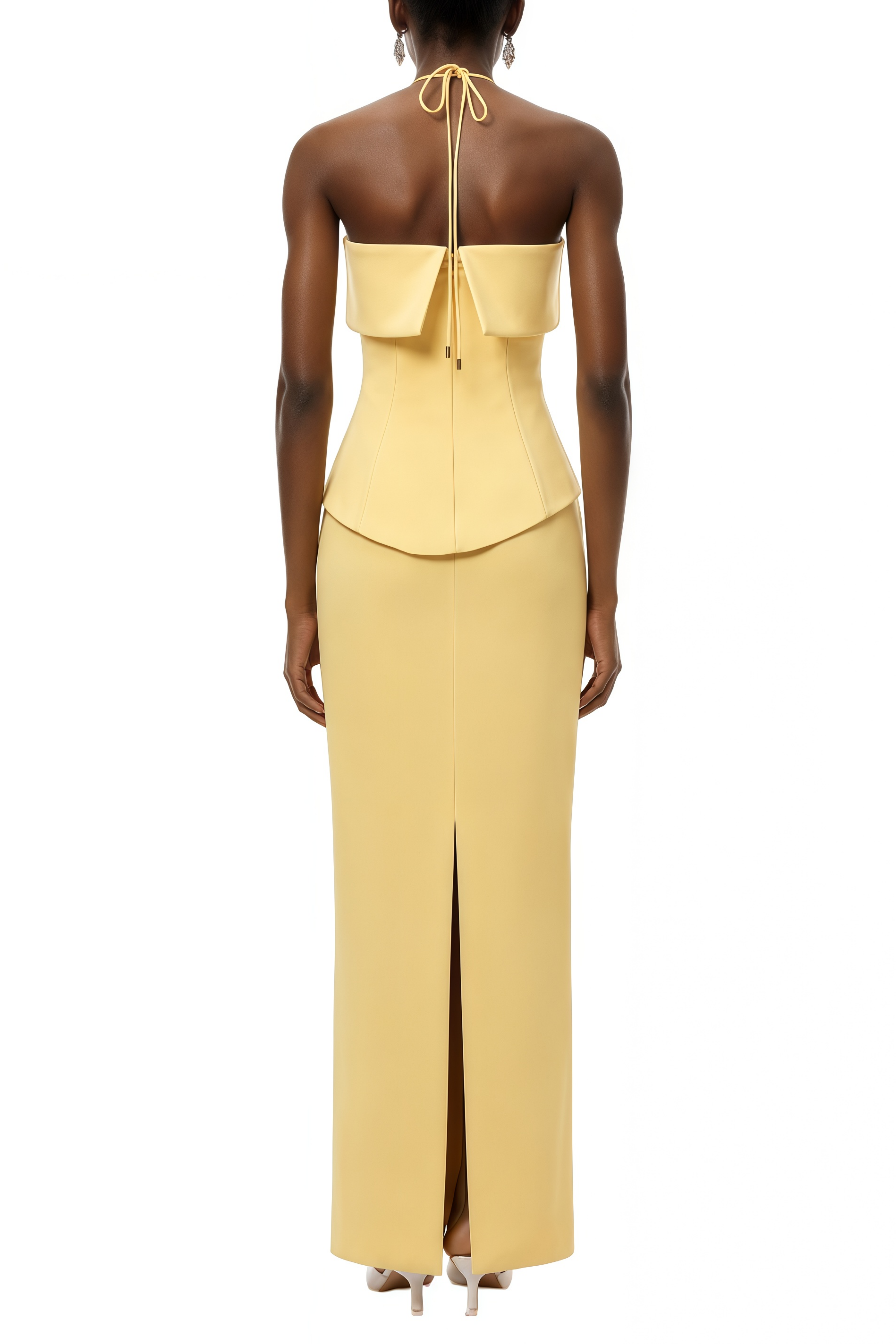 Elara Lemon Yellow Halterneck Back Slit Maxi Dress