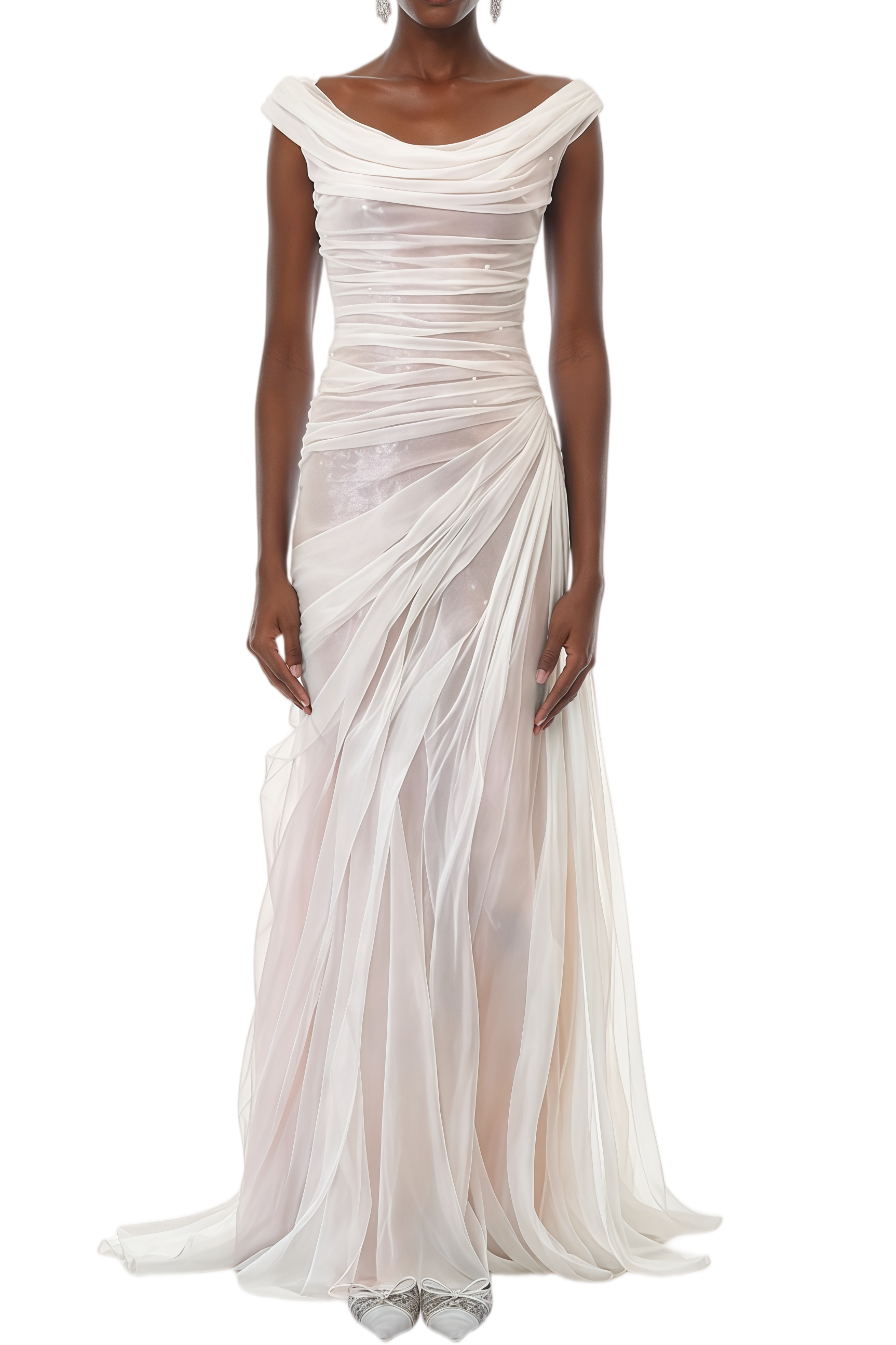 Deirdre Cream White Ruched Asymmetrical Maxi Dress