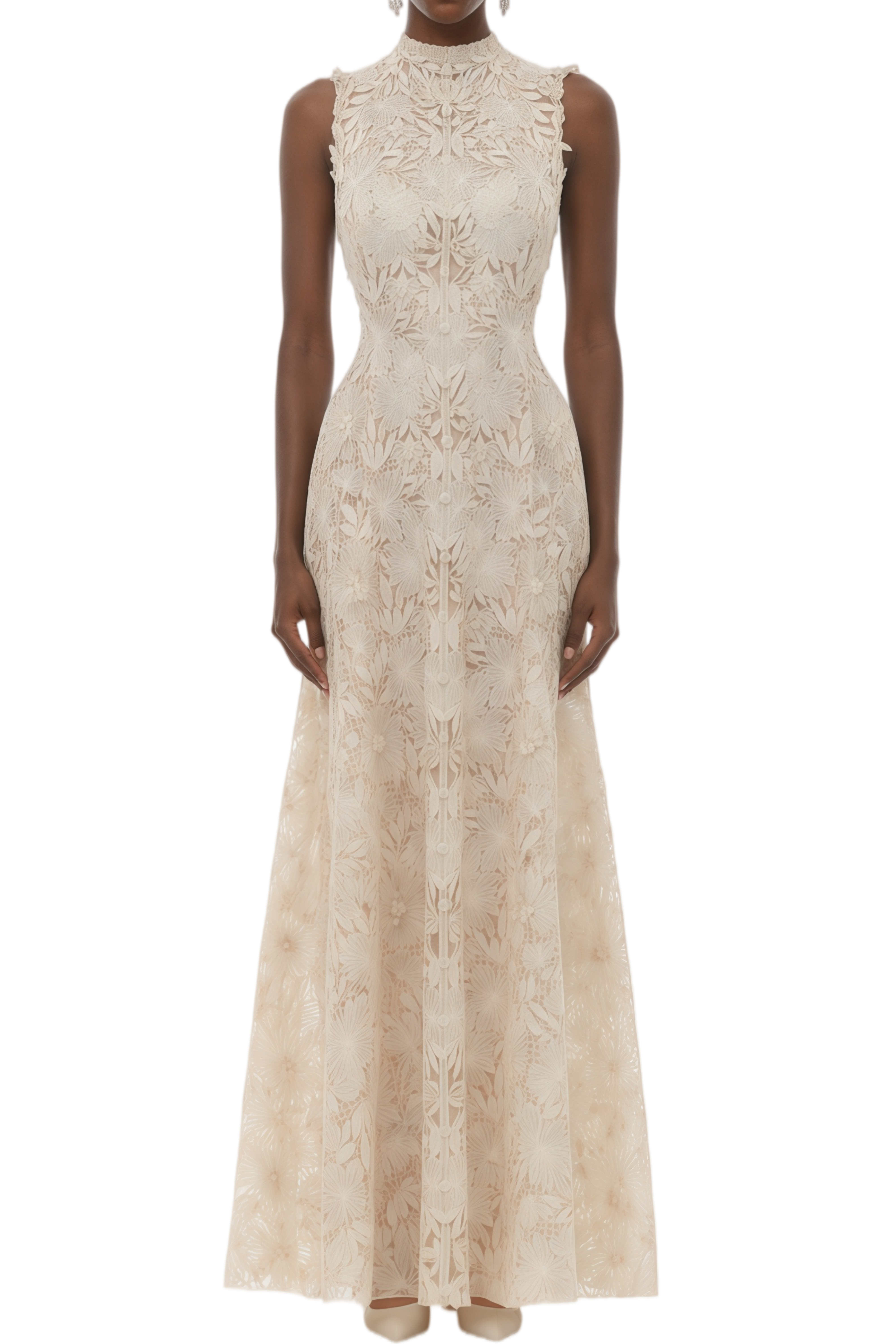 Barbara Neutral Floral Lace Cut Out Maxi Dress
