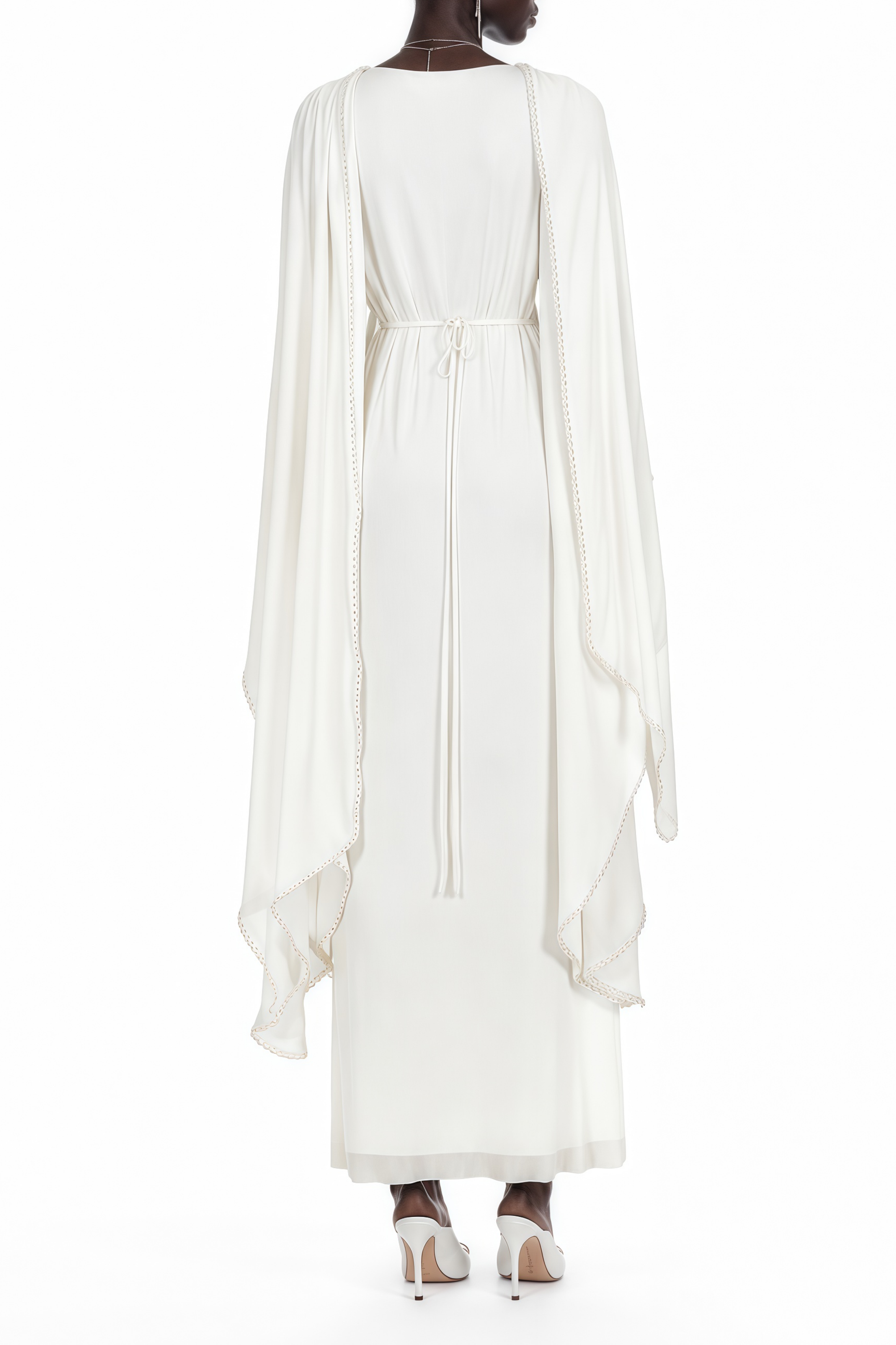 Maëlle White Cape Design Pearl Trim Maxi Dress
