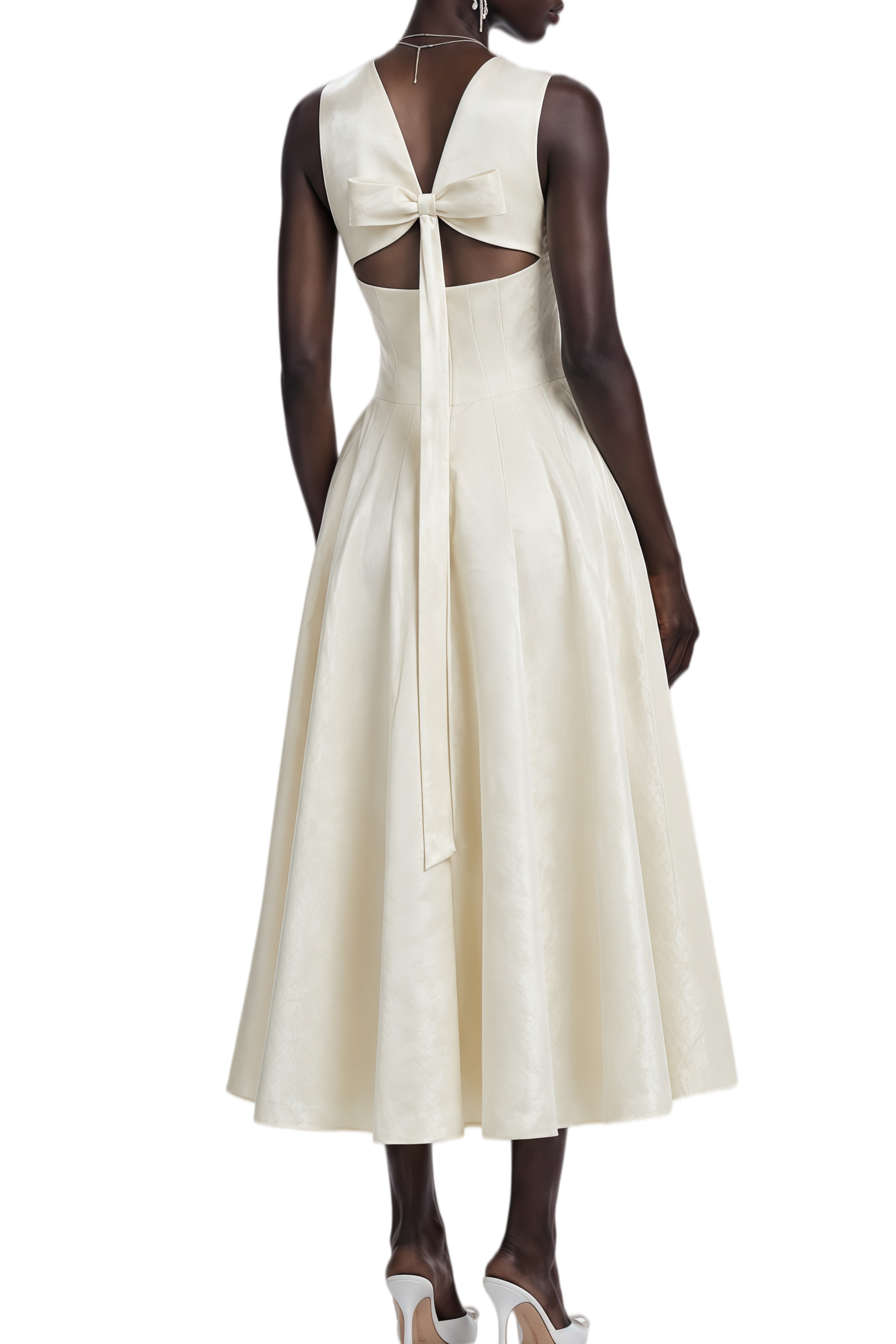 Nora White Asymmetrical Neckline Pleated Midi Dress