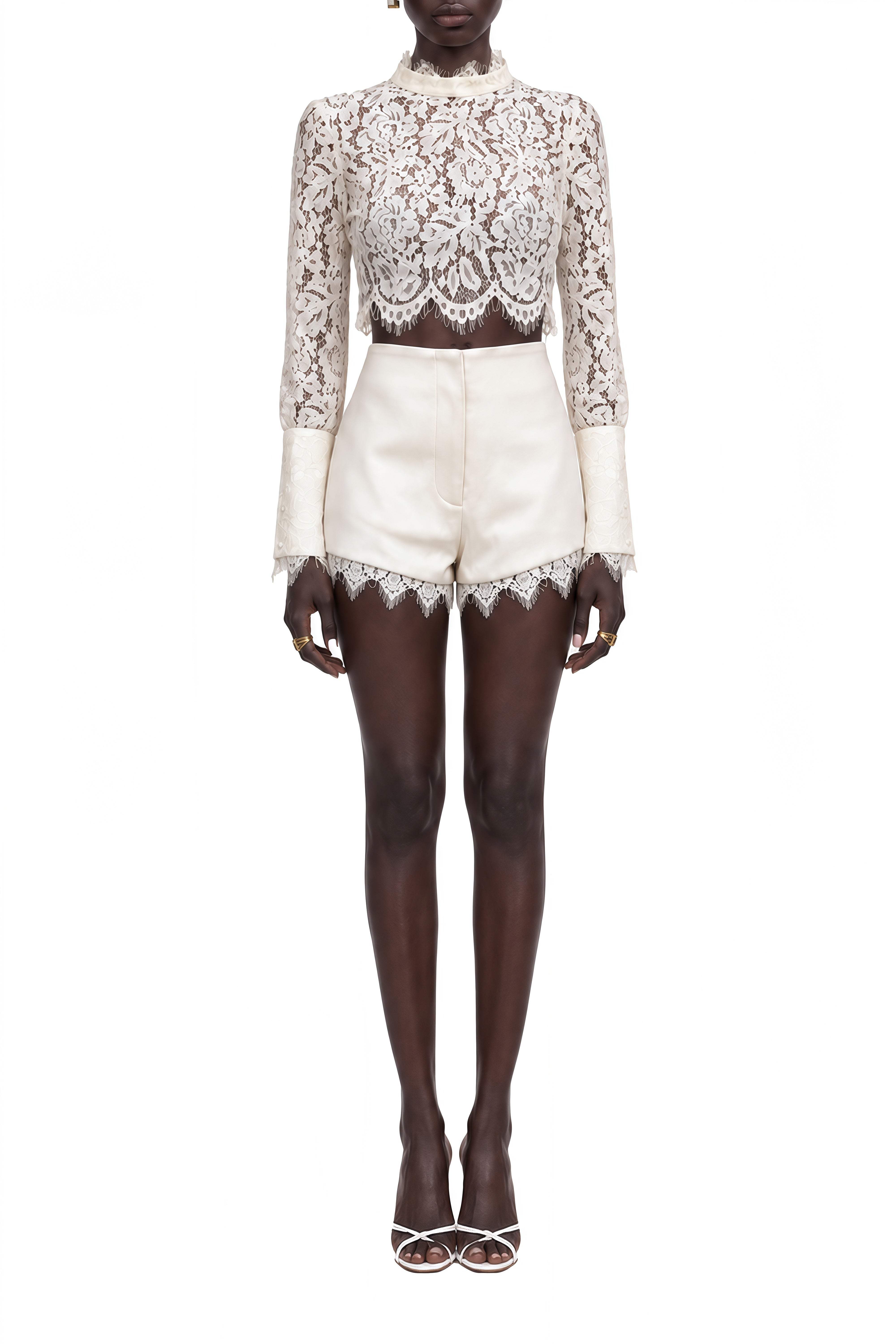 Rosalind White Long Sleeves Lace Top & Shorts Set