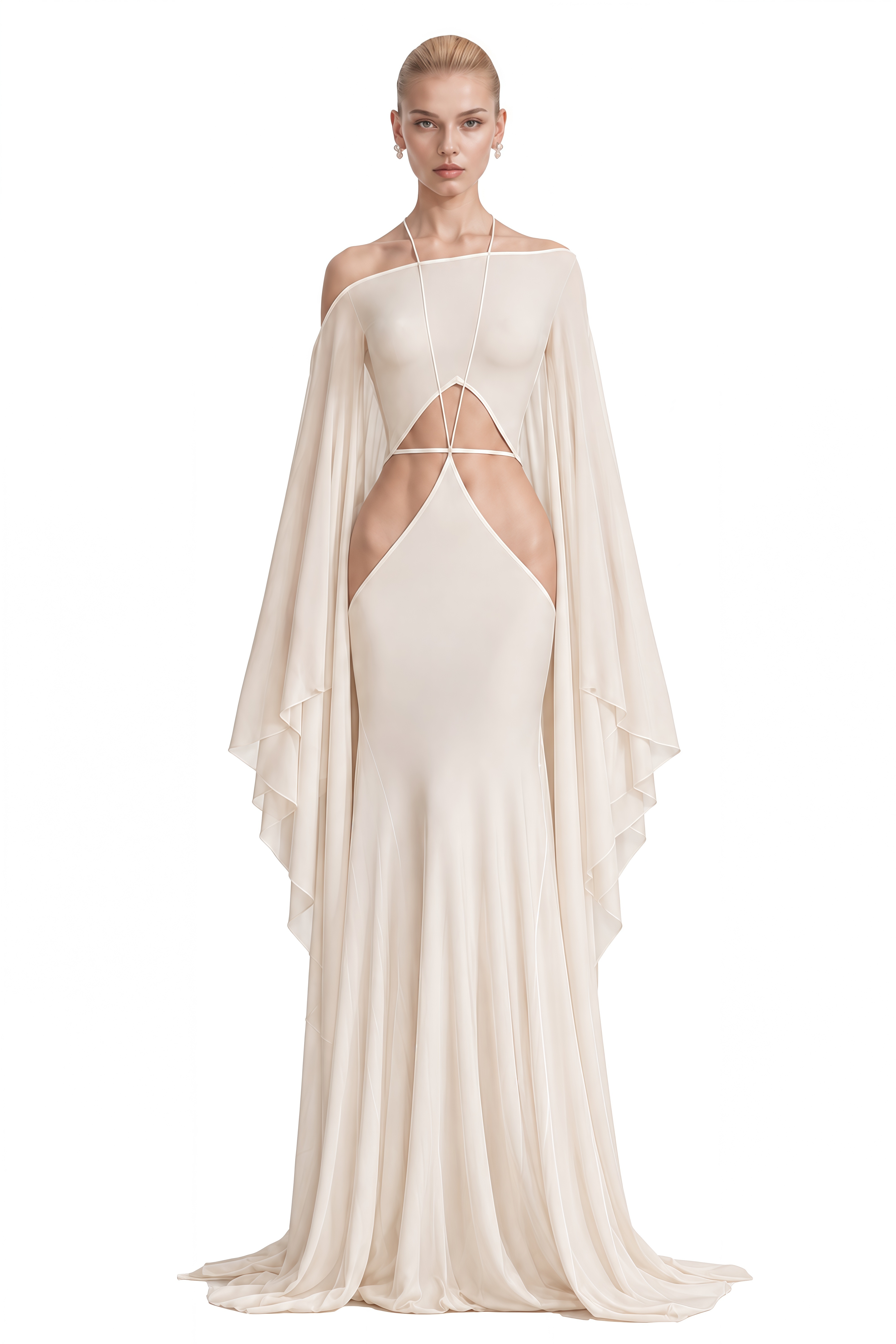 Clio Ivory Off-Shoulder Cape Sleeve Maxi Dress
