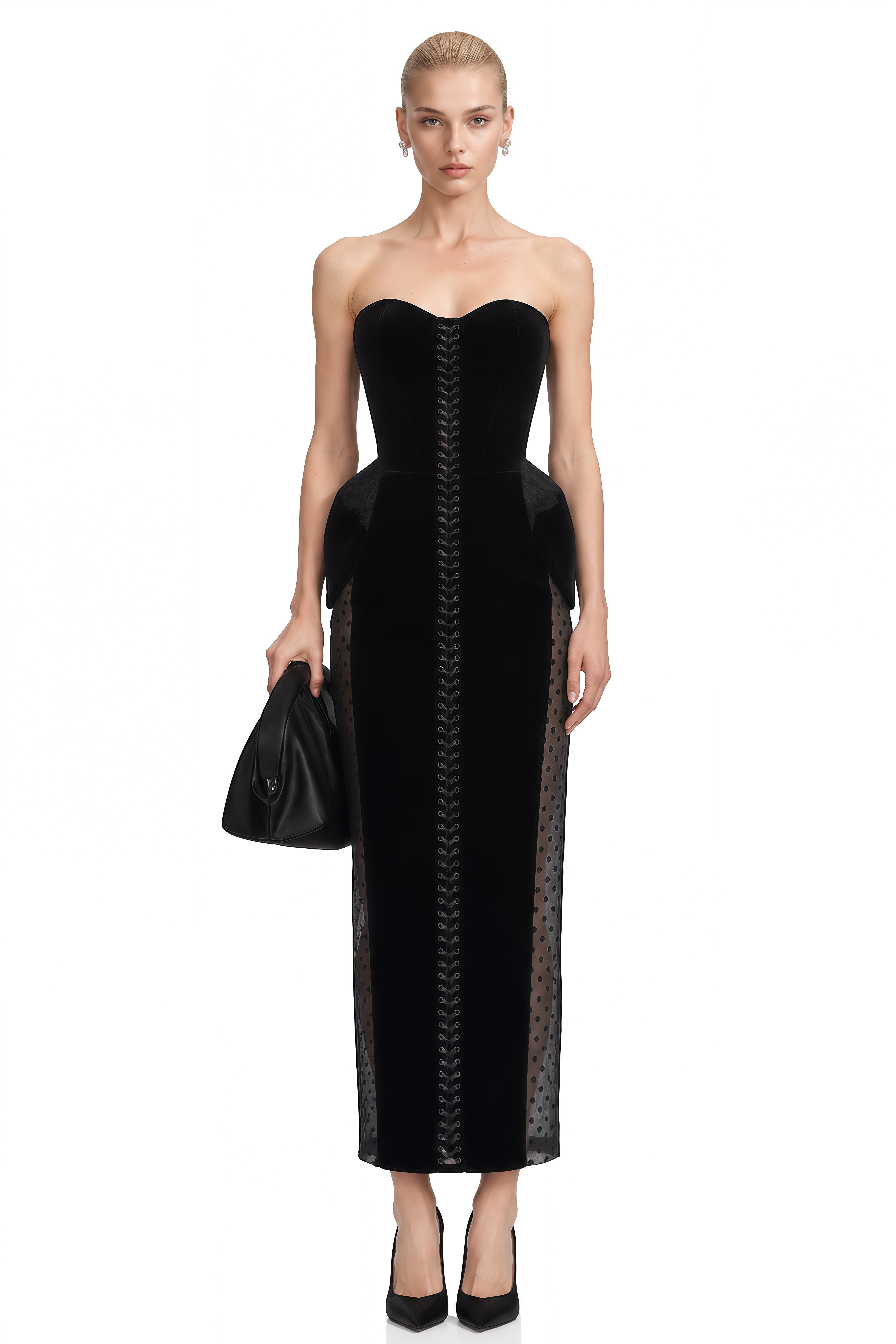 Beatrice Black Sweetheart Neck Sheer-Panel Midi Dress