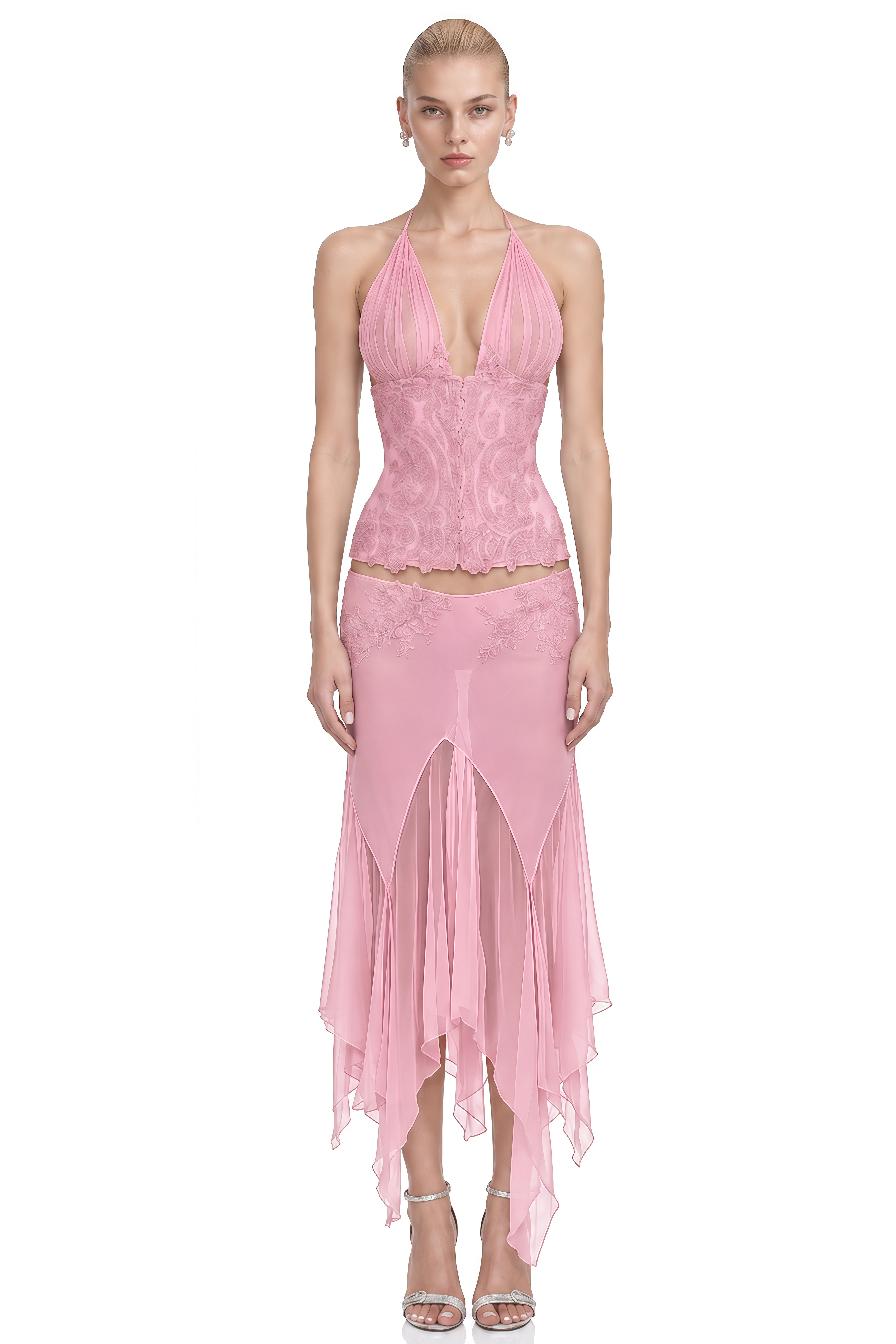 Serenity Pink Halterneck Embellished Top & Skirt Set