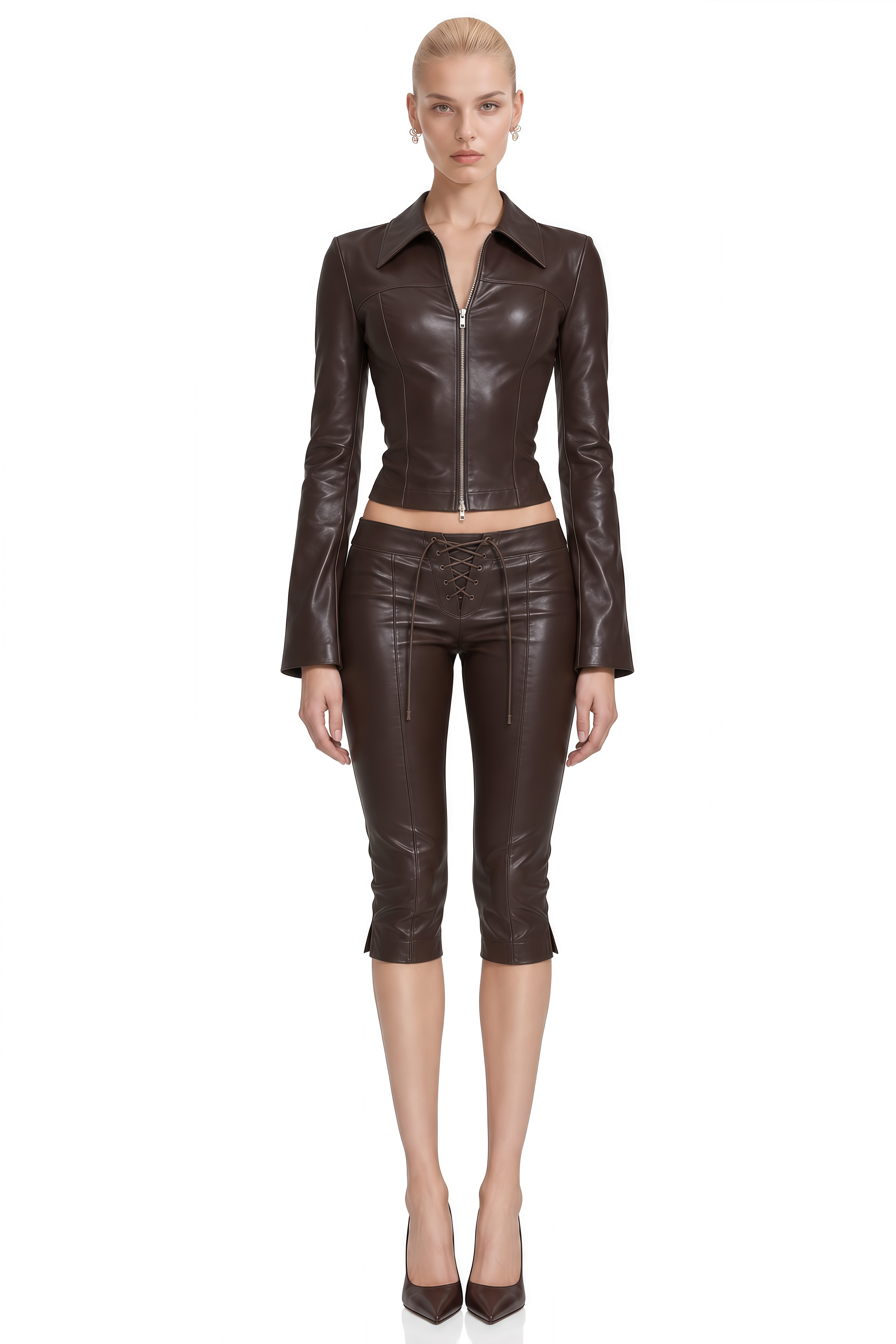 Imogen Dark Brown Long Sleeves Lace-Up Top & Trousers Set